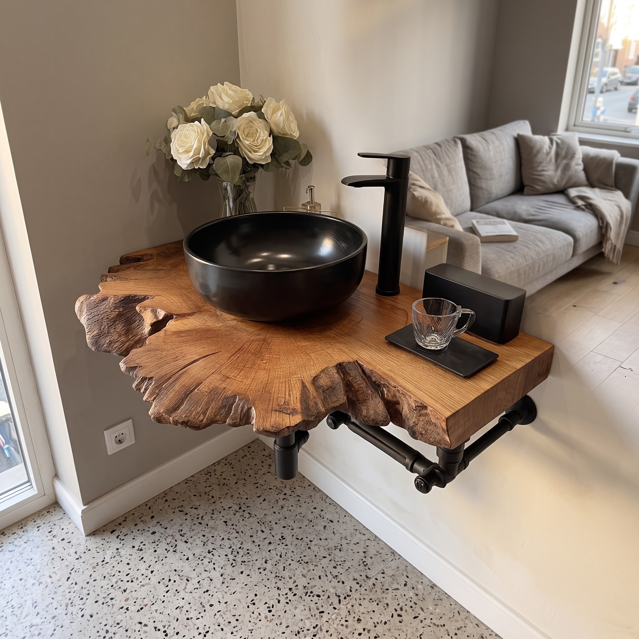 Mid-Century Floating Shelf, Narrow Solid Wood Powder Room Vanity Countertop, Small Bathroom Sink Shelf