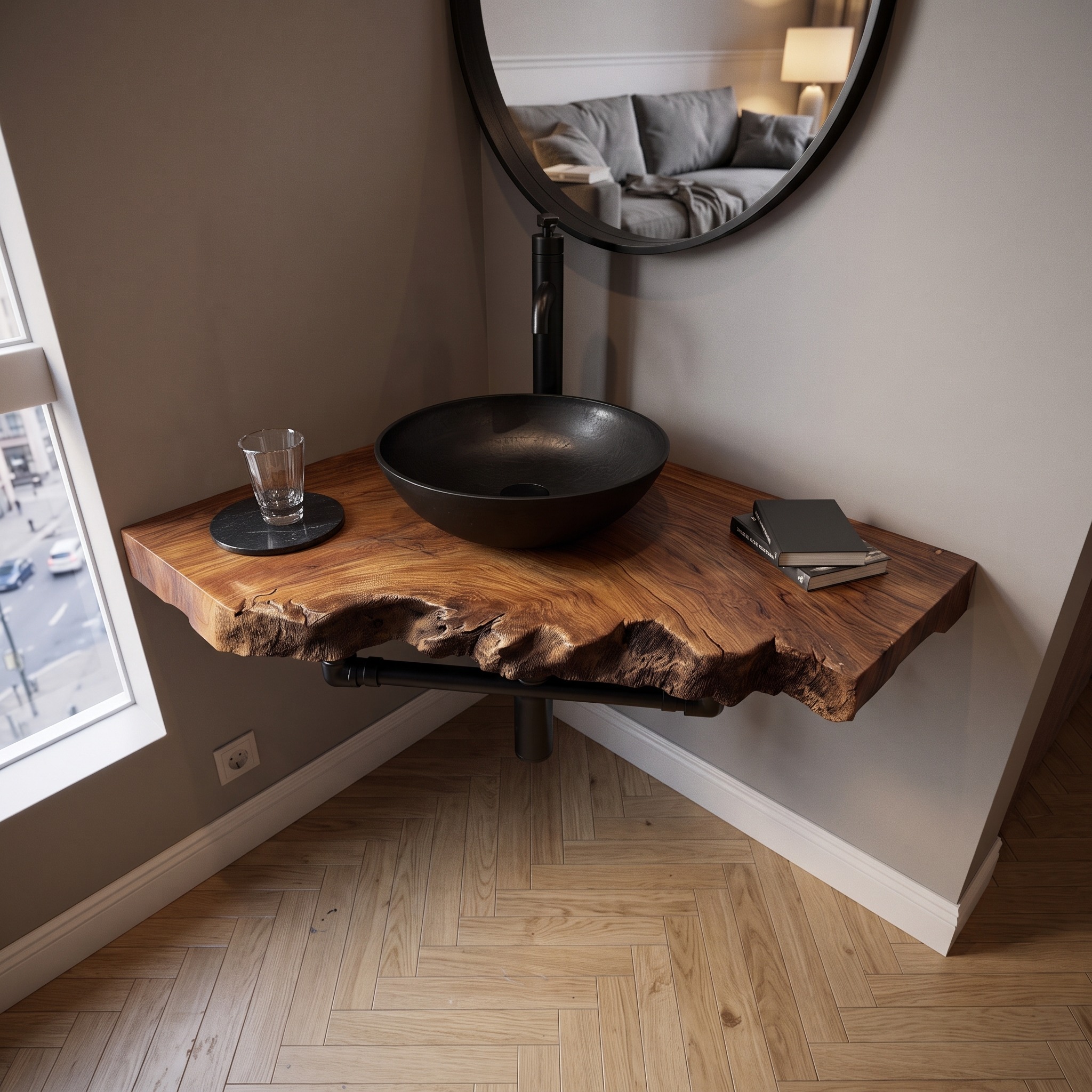 Mid-Century Floating Shelf, Narrow Solid Wood Washroom Vanity Countertop, Small Bathroom Single Sink Shelf