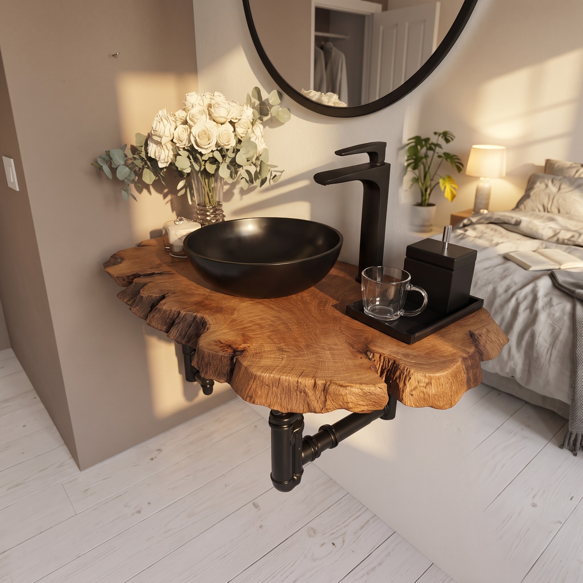 Mid-Century Floating Shelf, Narrow Solid Wood Washroom Vanity, Small Bathroom Single Sink Countertop Shelf