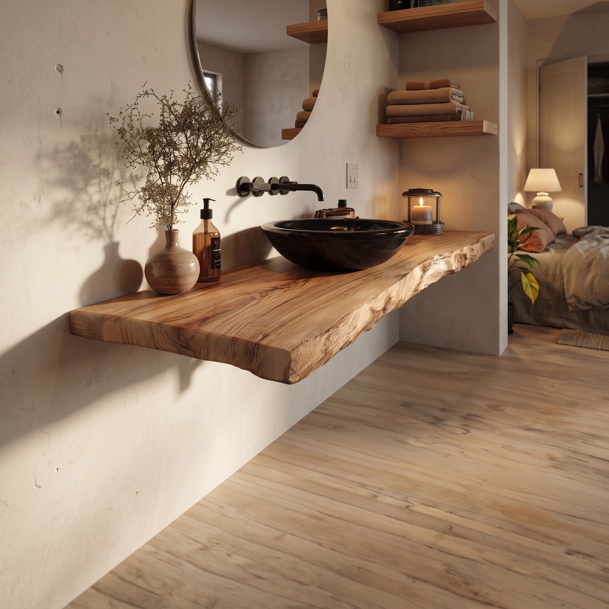 Mid-Century Floating Shelf, Natural Edge Solid Wood Bathroom Vanity Countertop, Single Sink Shelf Console