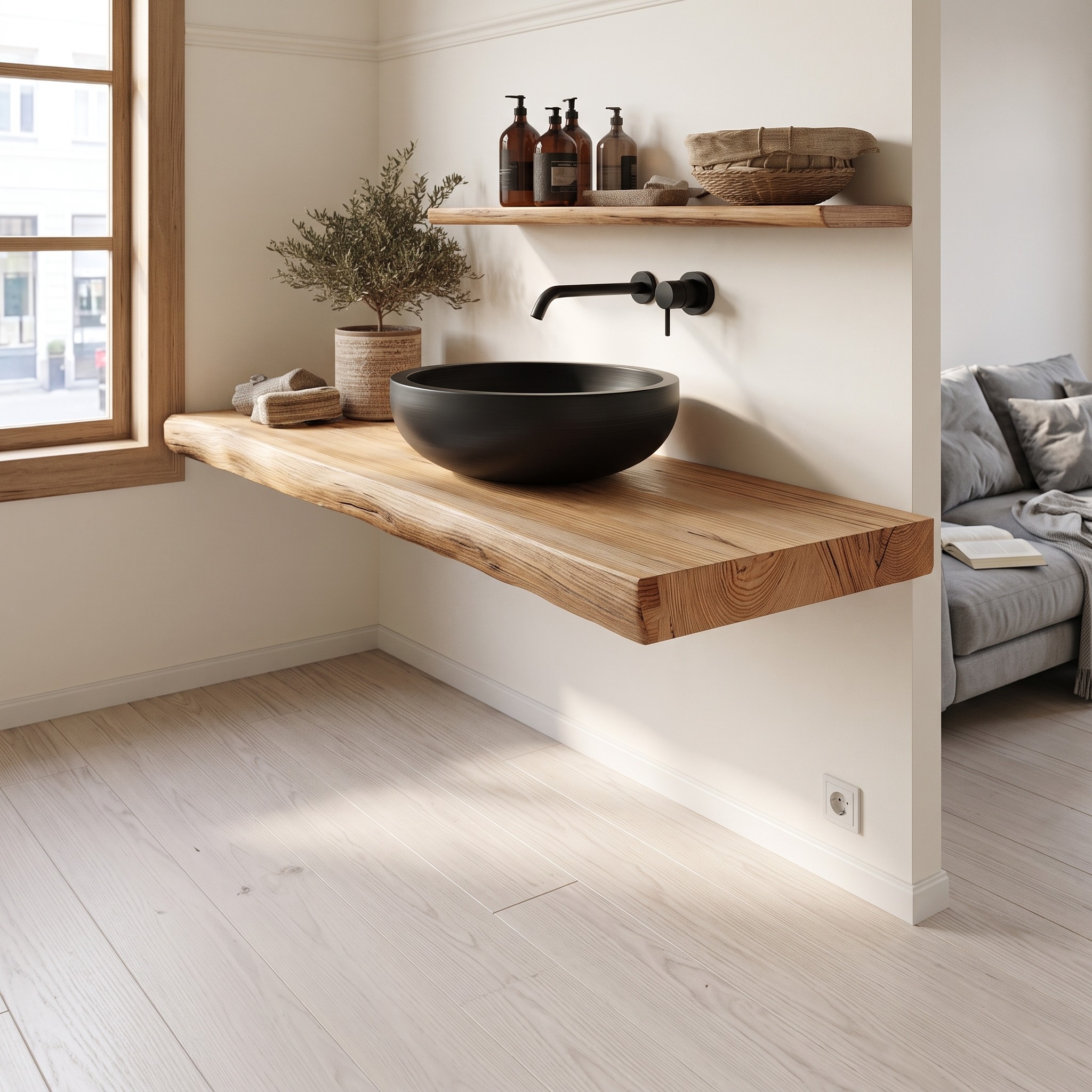 Mid-Century Floating Shelf, Natural Edge Solid Wood Bathroom Vanity, Single Sink Washroom Wood Countertop