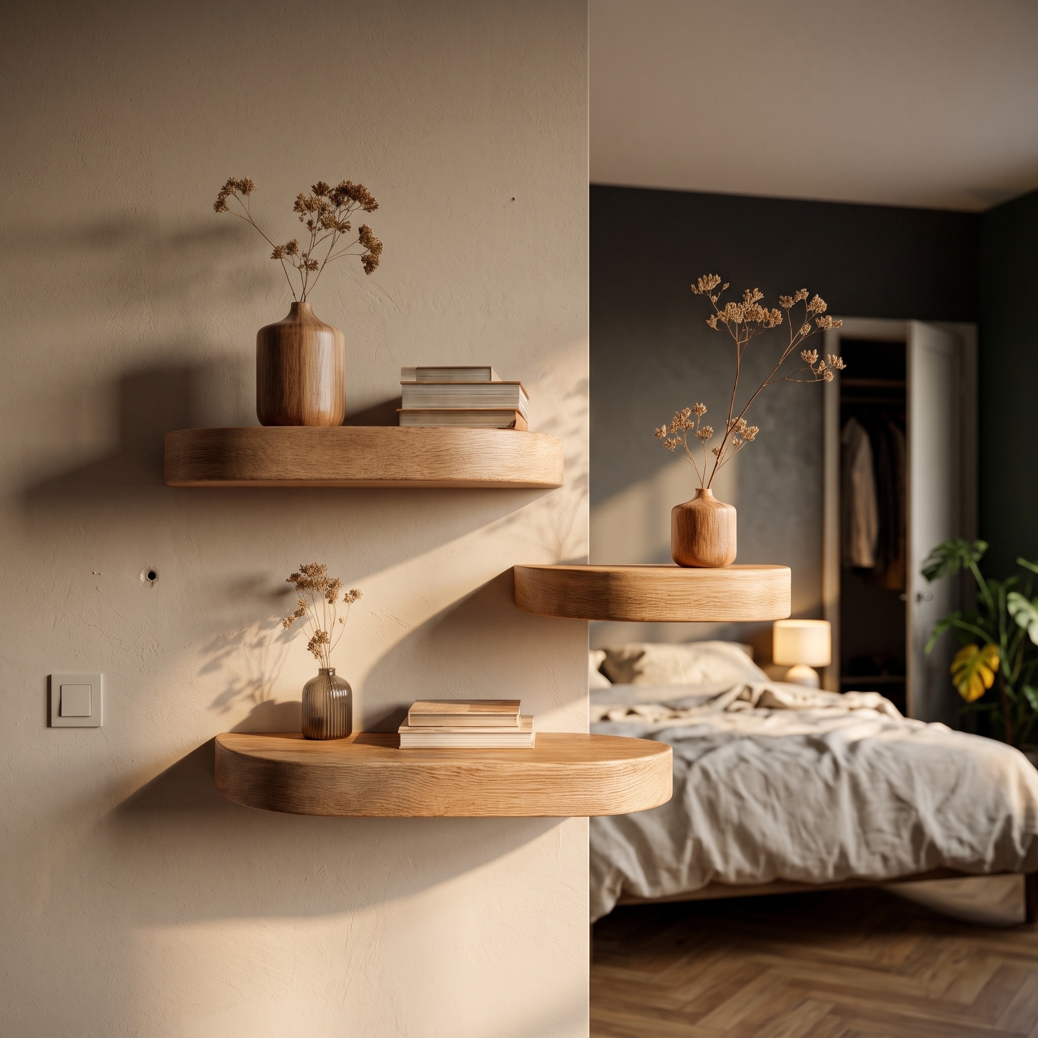 Mid-Century Floating Shelf, Solid Wood Wall Mounted Shelf, Modern Rustic Display Shelf for Entryway & Living Room