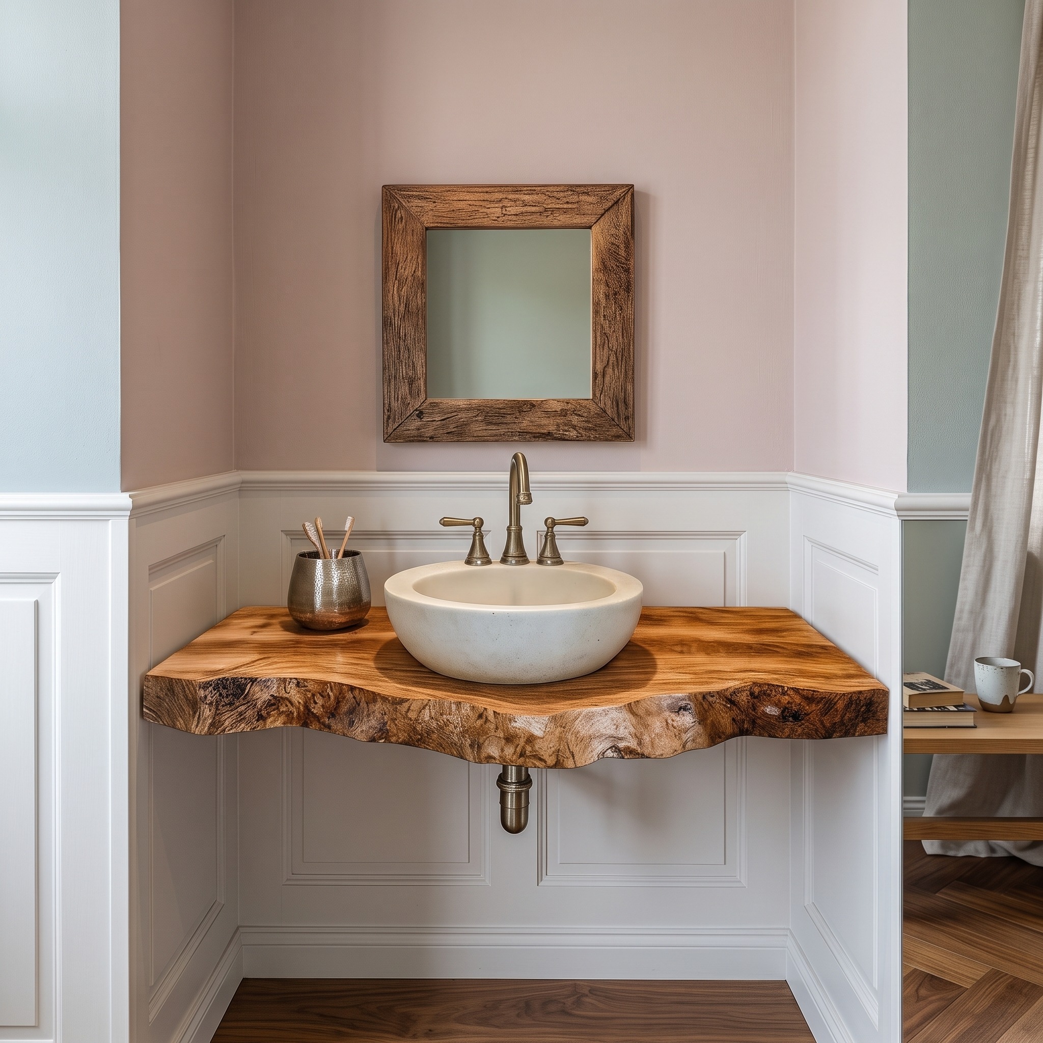 Mid-Century Floating Shelf Vanity, Solid Wood Powder Room Countertop, Small Bathroom Single Sink Console Shelf