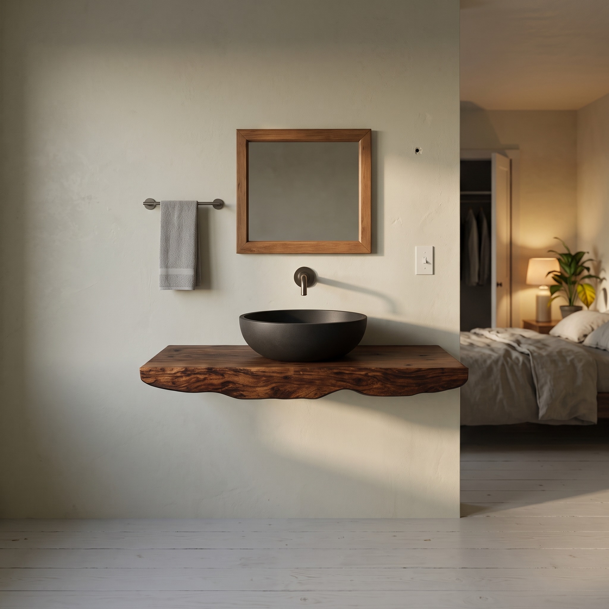 Mid-Century Floating Shelf Washstand, Solid Wood Bathroom Vanity, Single Sink Washroom Countertop Support Shelf