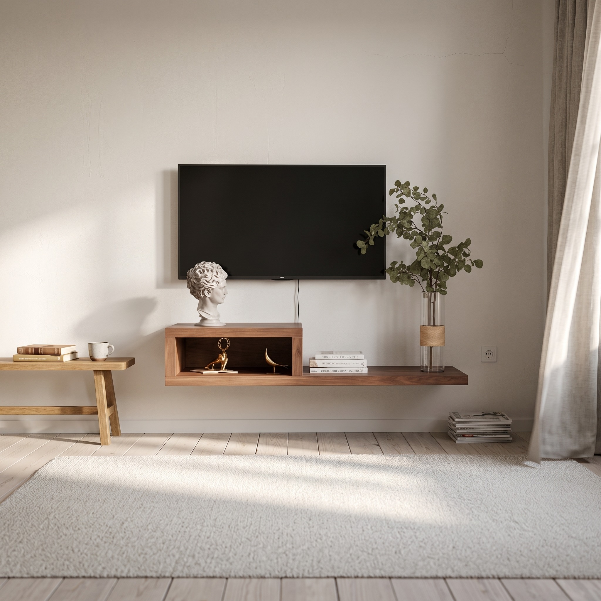 Mid-Century Floating TV Console, Wall Mounted Media Cabinet, Solid Wood Entertainment Center for Bedroom & Living Room