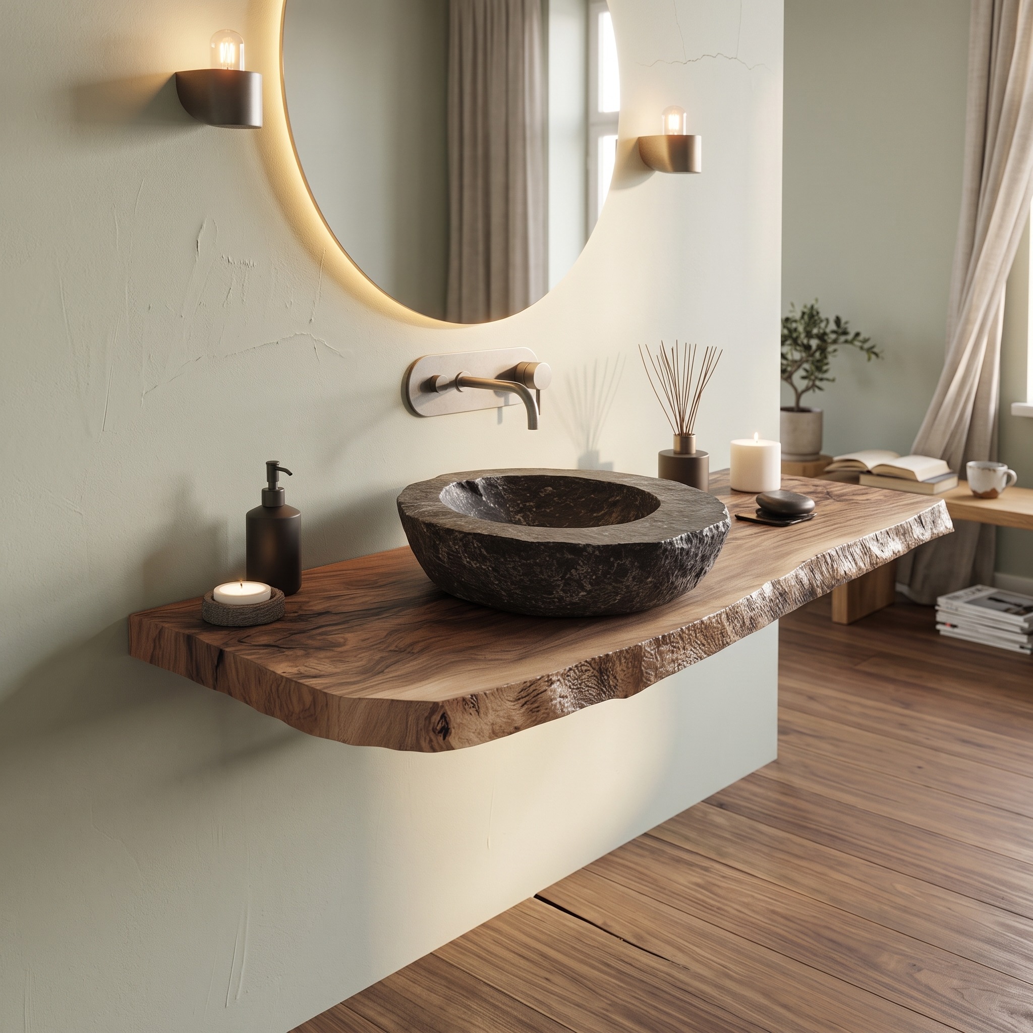 Mid-Century Floating Vanity Countertop, Solid Wood Bathroom Single Sink Basin Shelf, Wall Mounted Washroom Console
