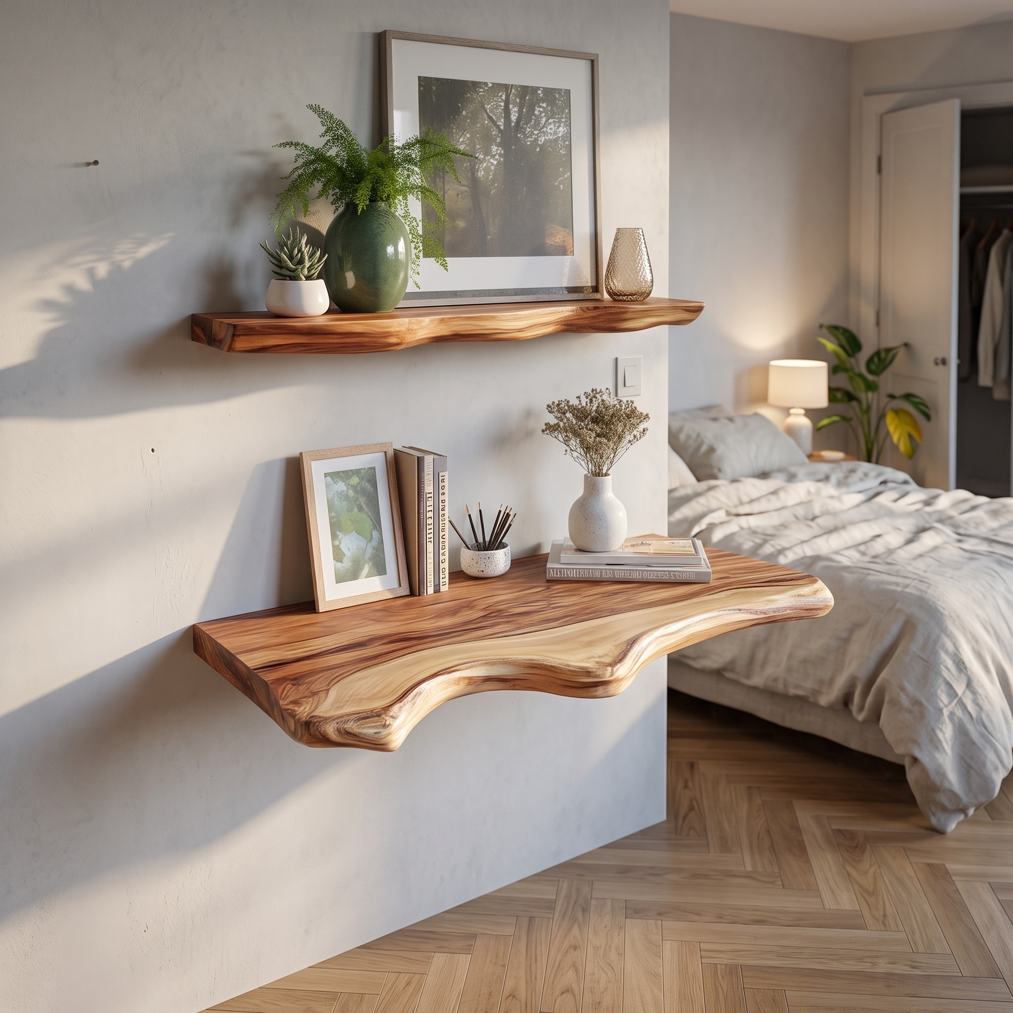 Mid-Century Floating Wall Desk, Space Saving Solid Wood Computer Study Desk & Floating Storage Shelf