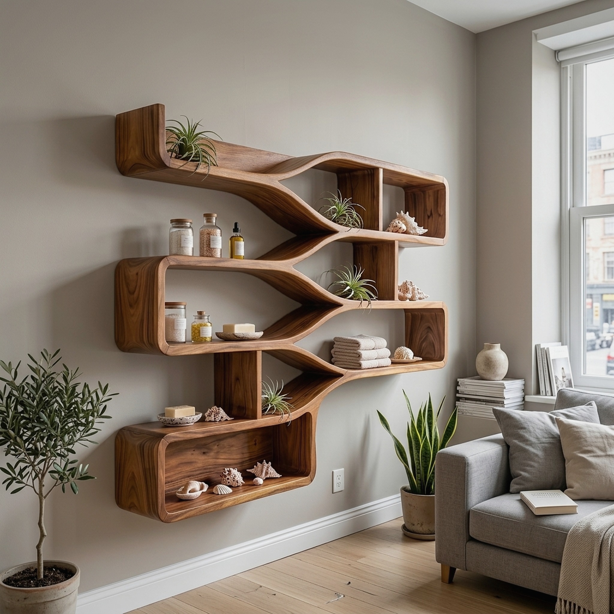 Mid Century Floating Wood Shelves for Bedroom