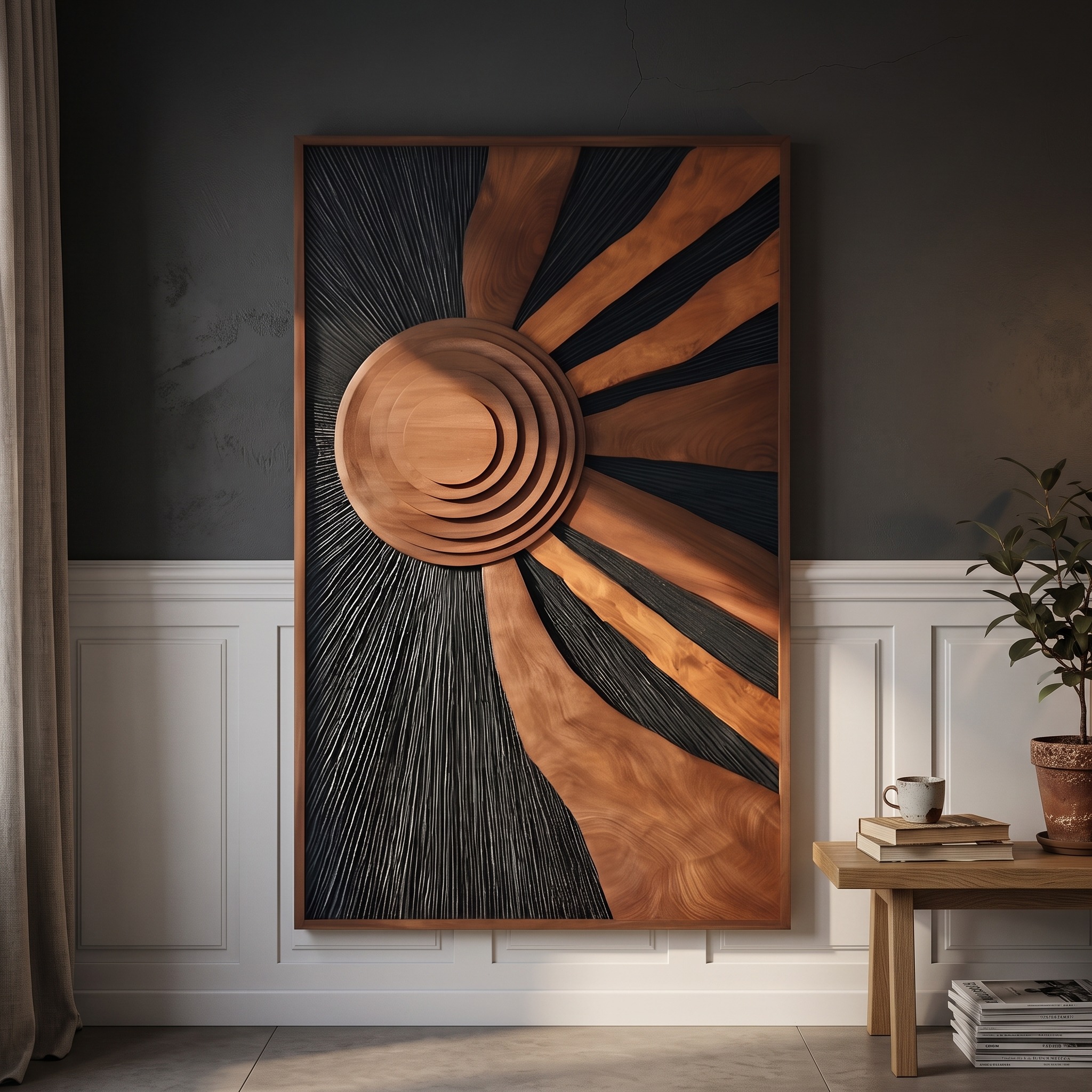 Mid Century Flowing Wooden Wall Sculpture, Handcrafted Modern Abstract 3D Wood Art Panel for Dining Room Decor