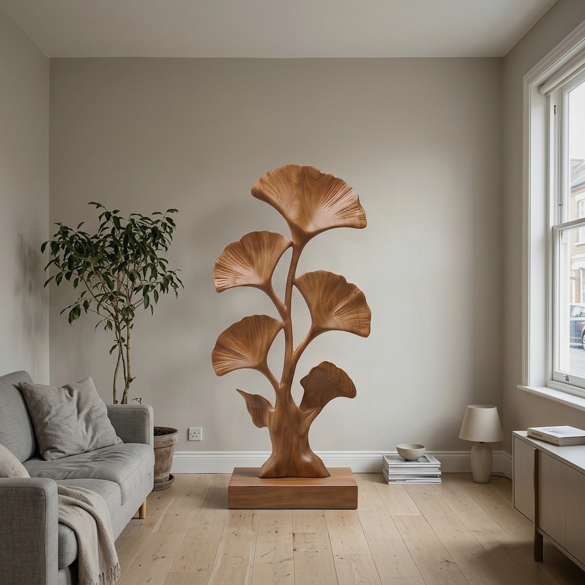 Mid Century Ginkgo Leaf Wood Sculpture for Interior Decor