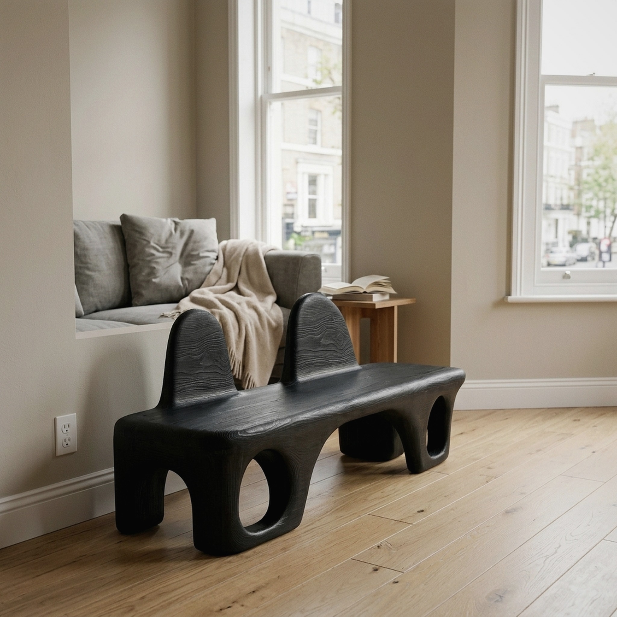 Mid Century Halloween Bench with Rounded Back Panel for Hallway