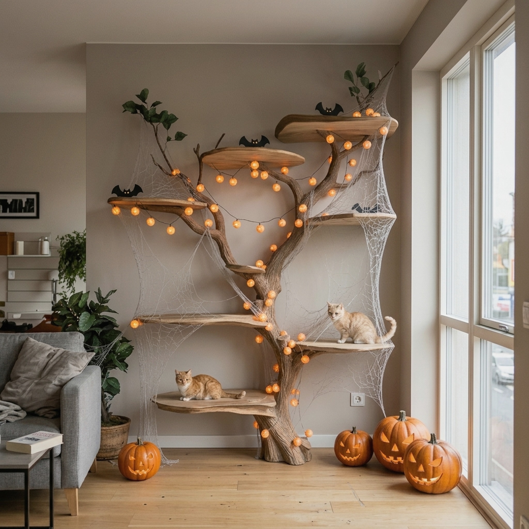 Mid Century Halloween Cat Tree Shelf Living Room