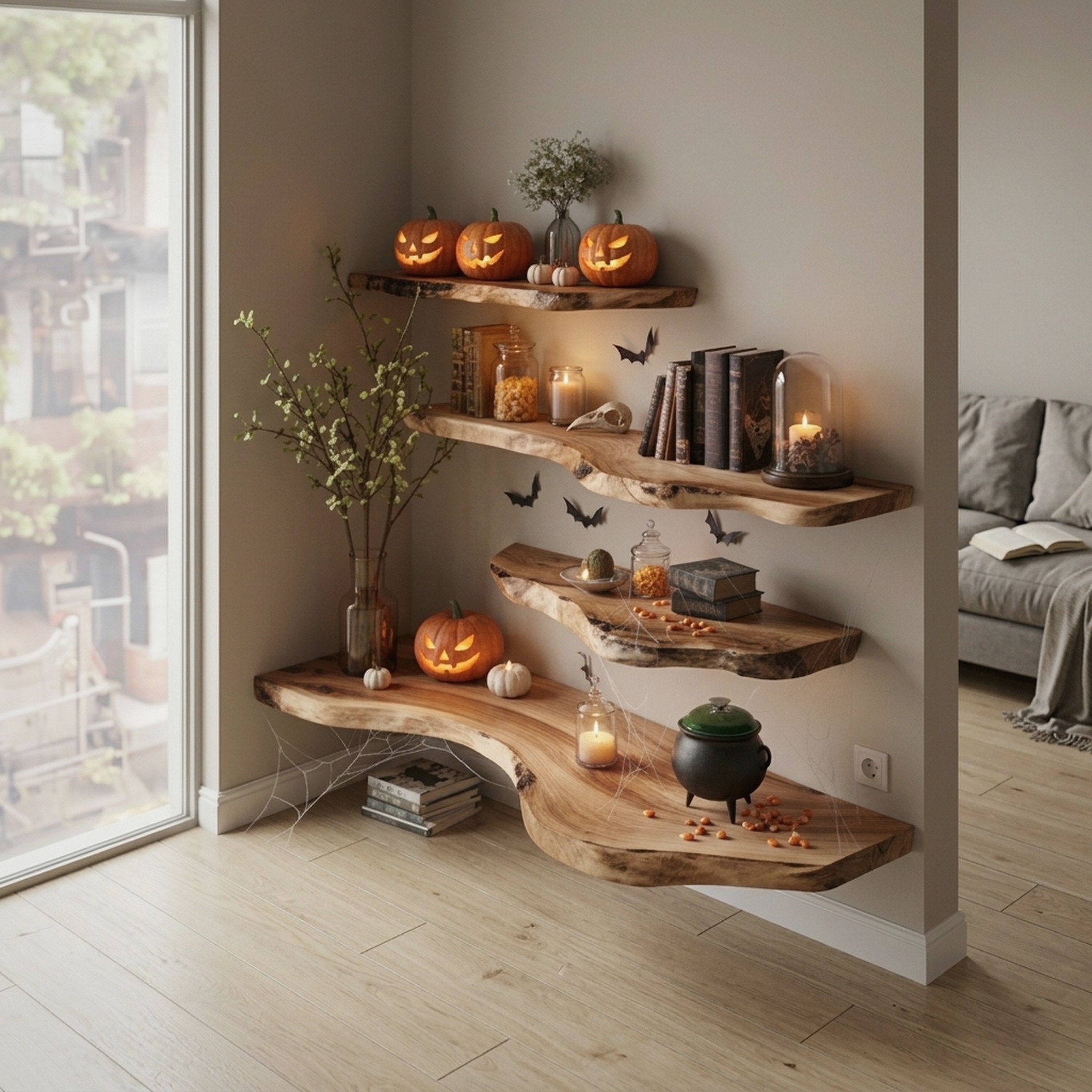 Mid Century Halloween Floating Shelf Natural Wood Wall Decor