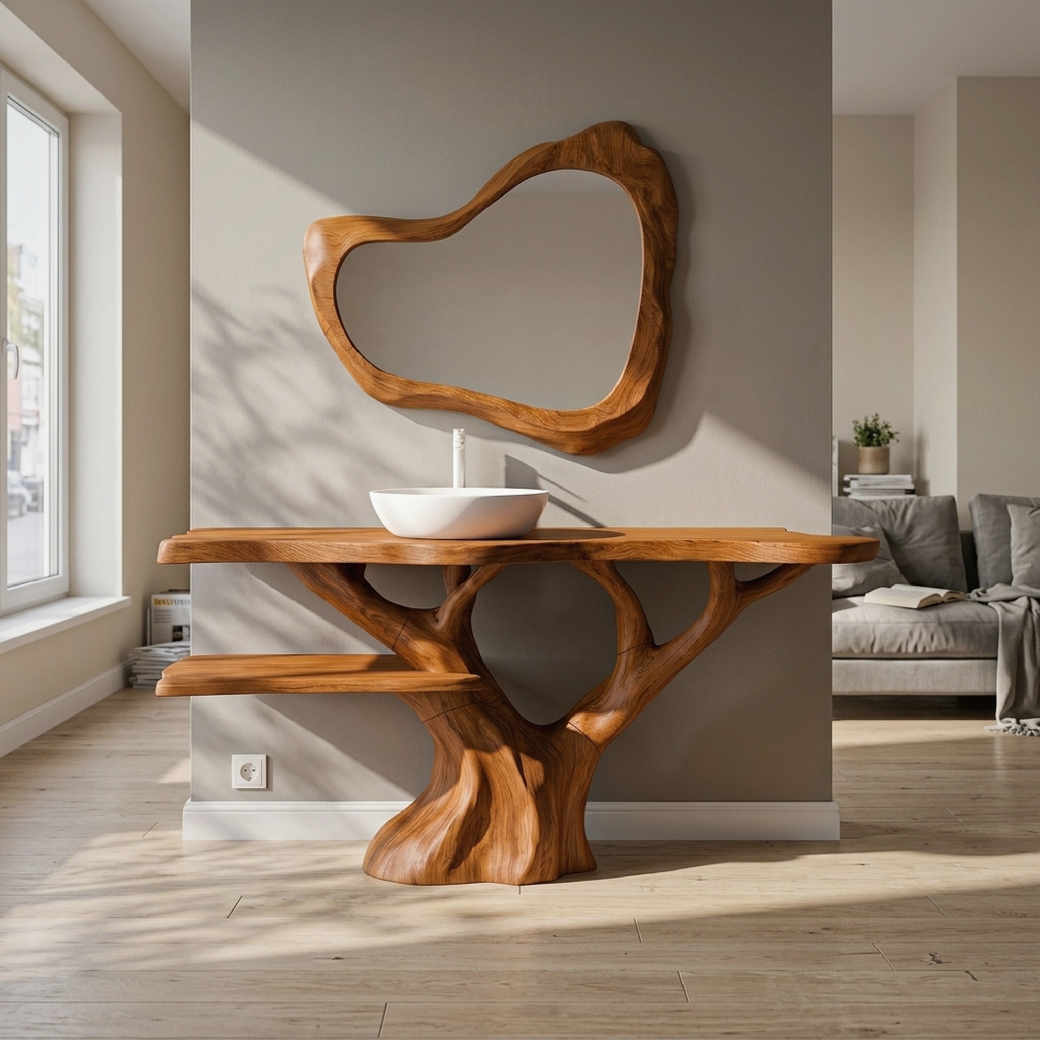 Mid Century Halloween Solid Wood Bathroom Vanity with Sculptural Tree Form for Bathroom