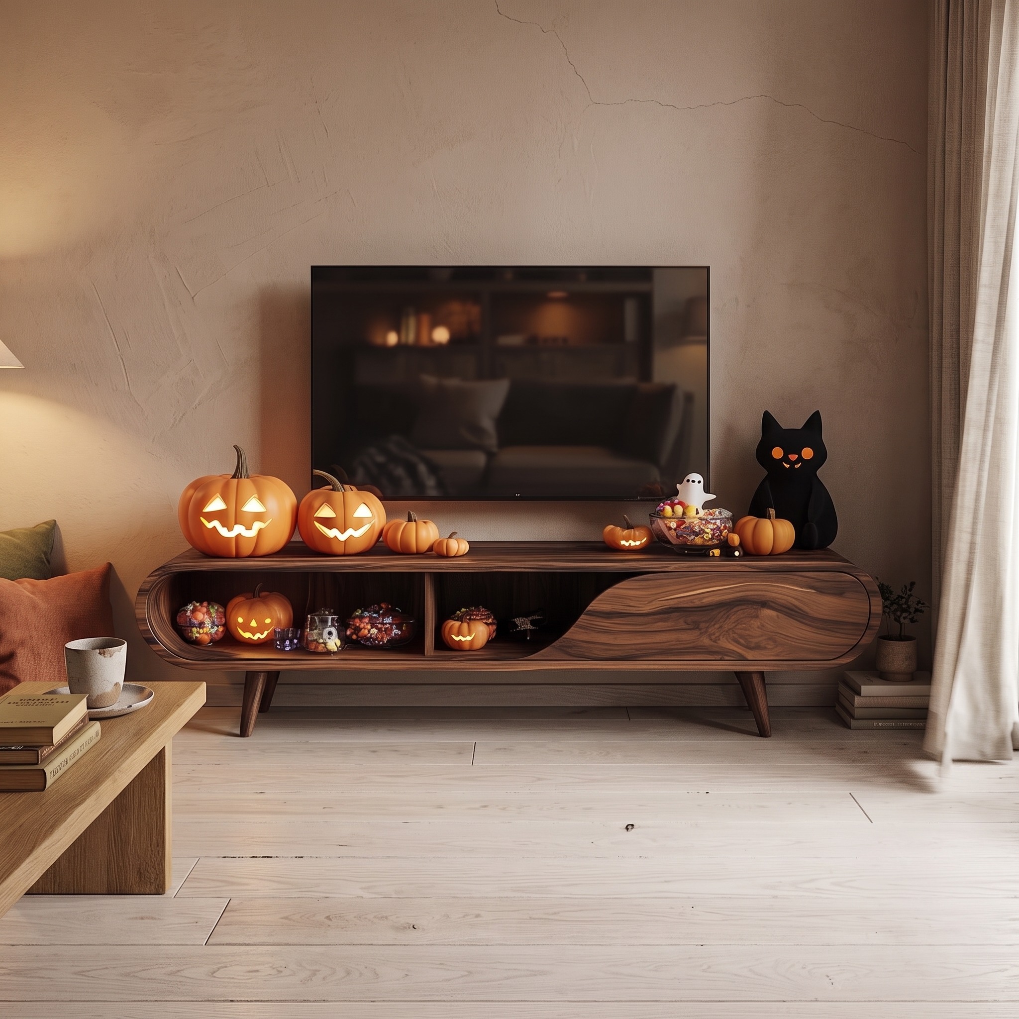 Mid Century Halloween TV Cabinet, Modern Solid Wood Media Console & Entertainment Center for Seasonal Living Space