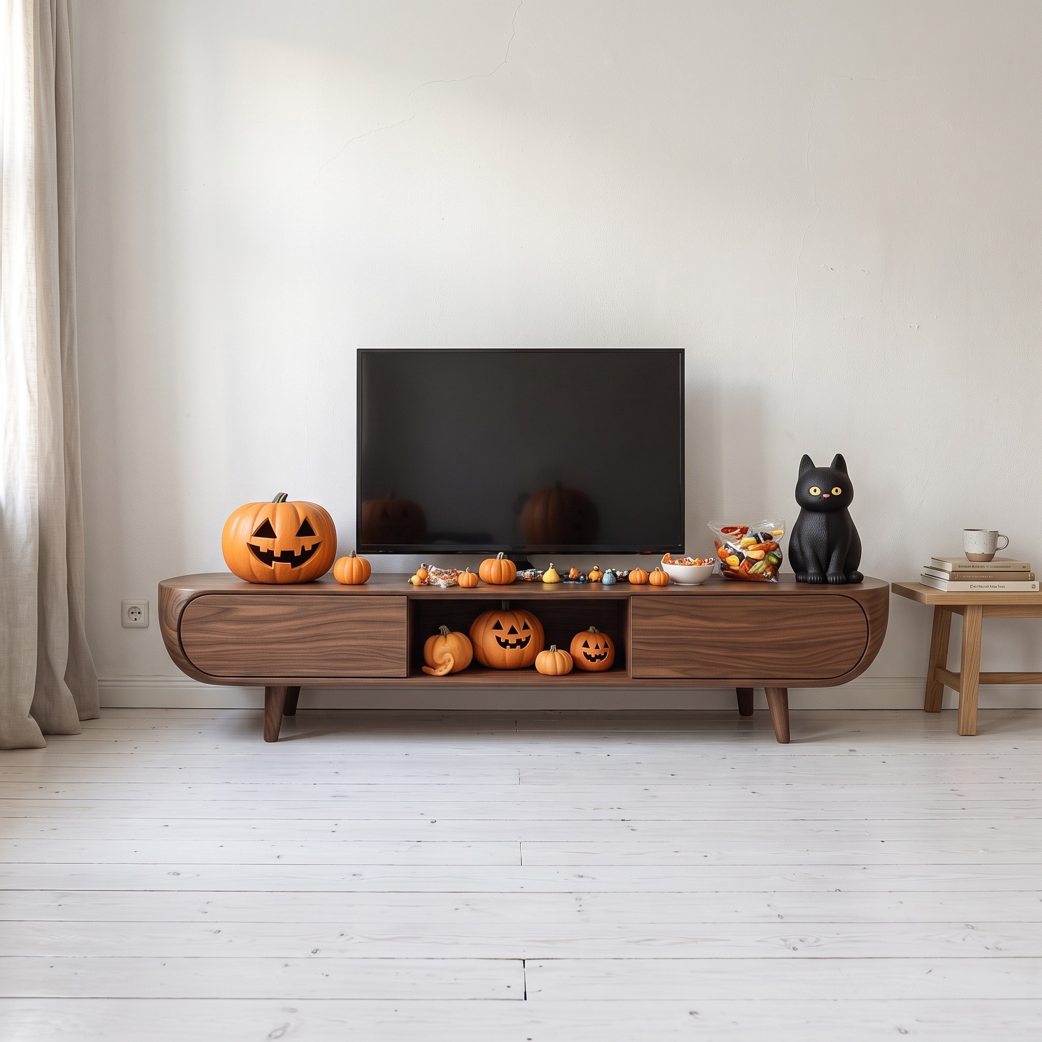 Mid Century Halloween TV Stand Cabinet, Modern Solid Wood Media Console & Credenza for Living Room Holiday Decor