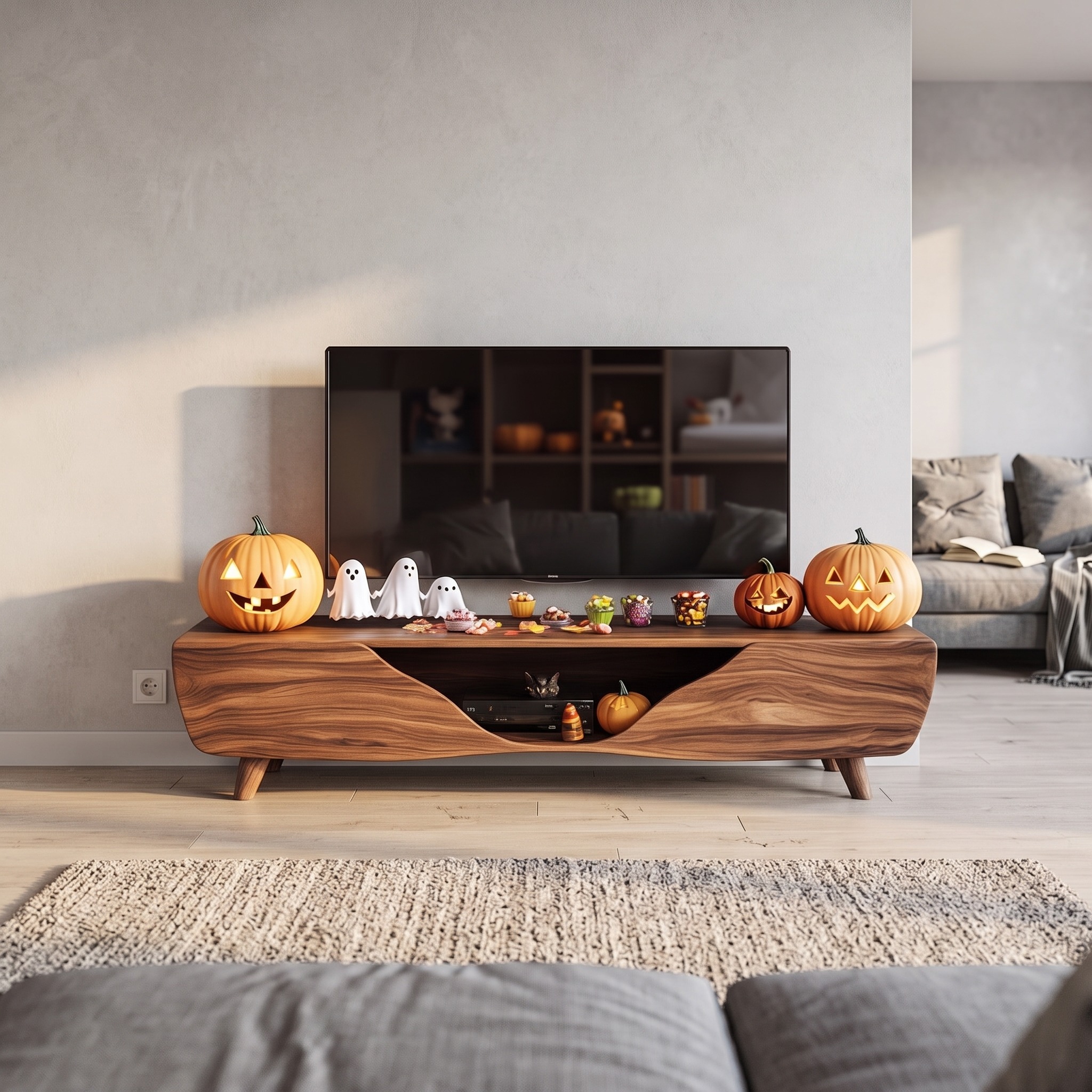 Mid Century Halloween TV Stand, Modern Wood Media Console Cabinet & Entertainment Center for Living Room, Bedroom