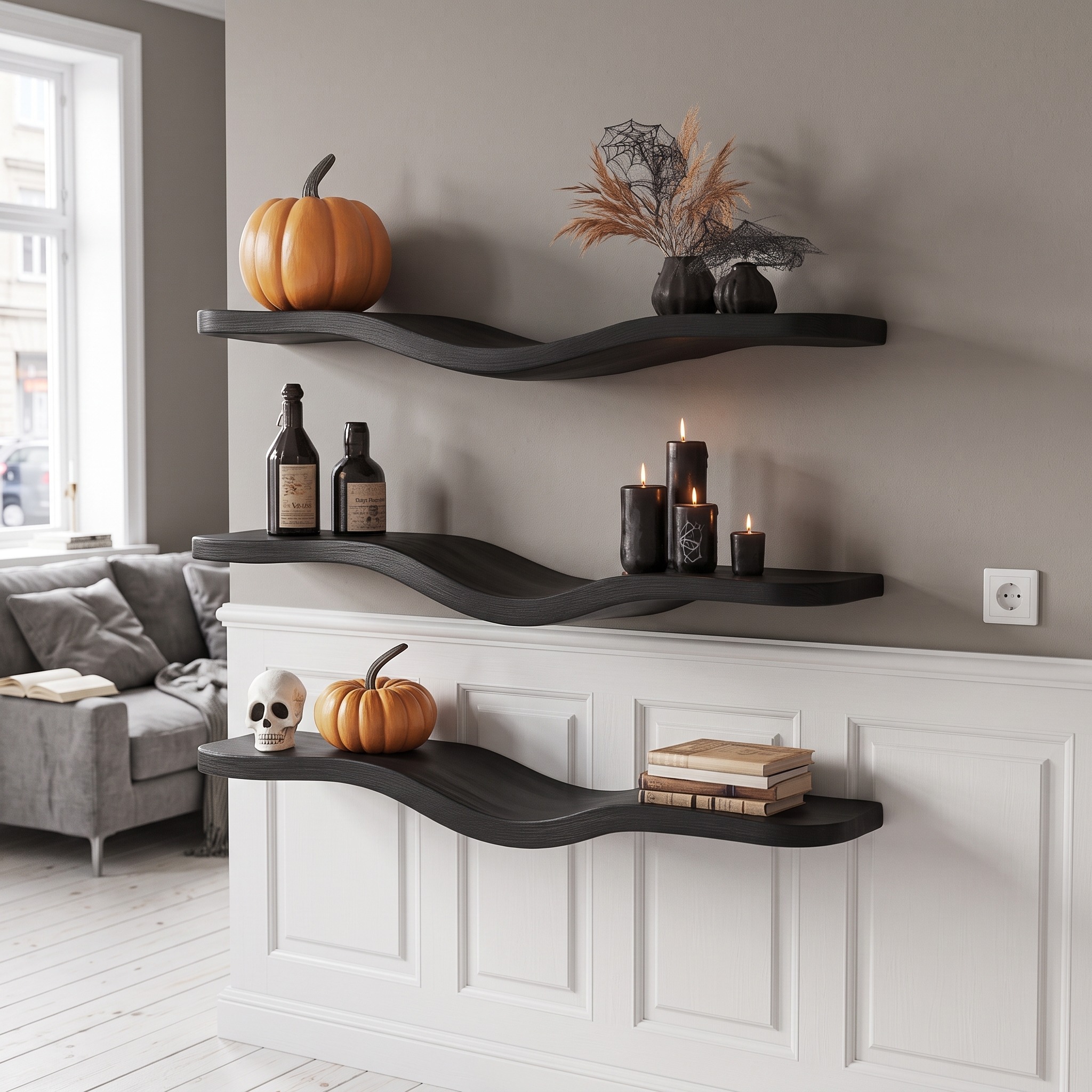 Mid Century Halloween Wavy Floating Shelf, Modern Solid Wood Curved Wall Shelf Organizer for Living Room Decor