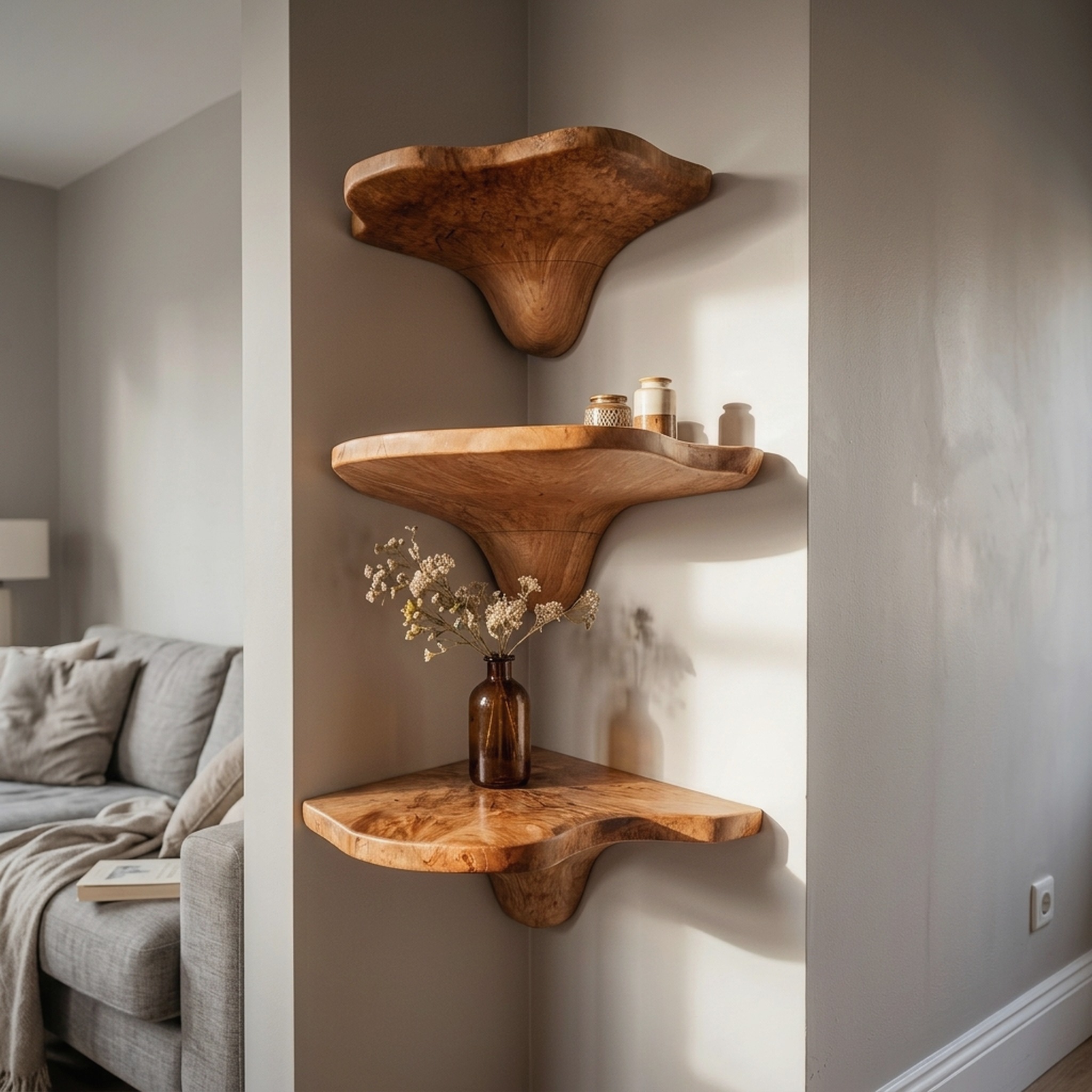 Mid Century Handcrafted Wooden Live Edge Mushroom Shelf for Home Decor