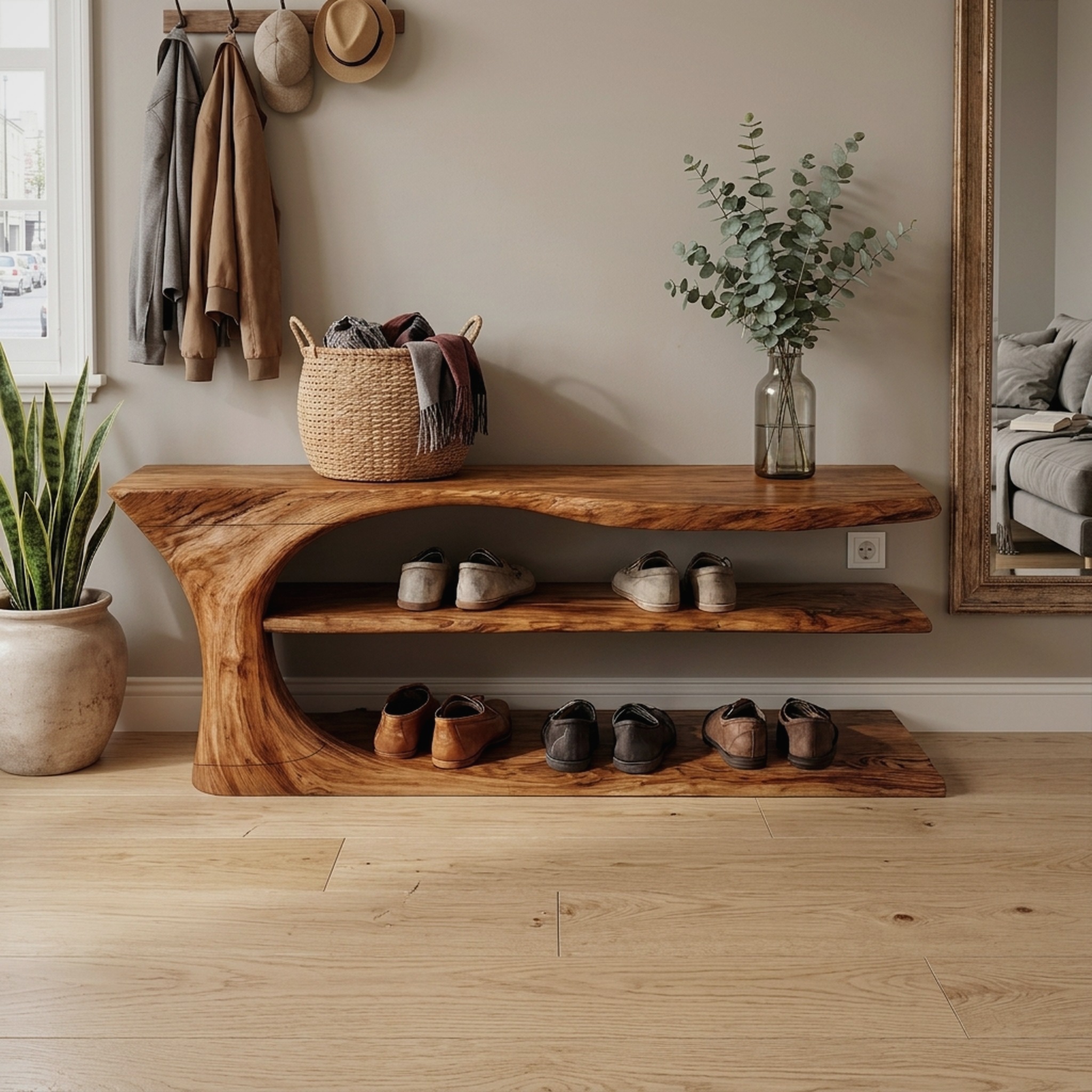 Mid Century Handcrafted Wooden Shoe Storage Bench Home