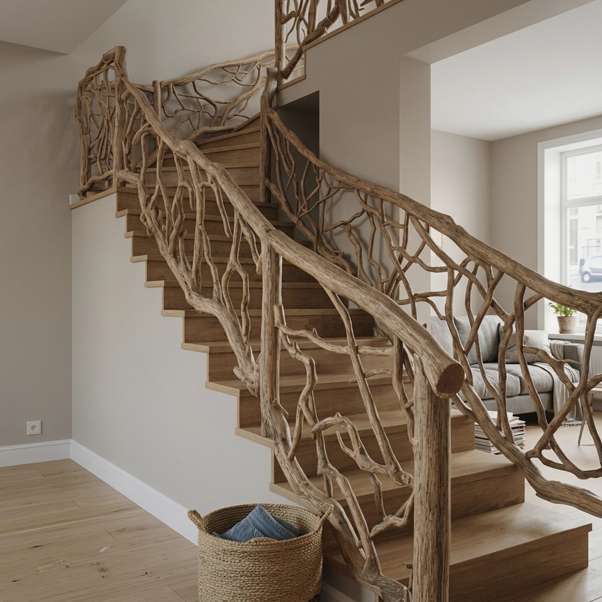 Mid Century Handcrafted Wooden Staircase Hallway