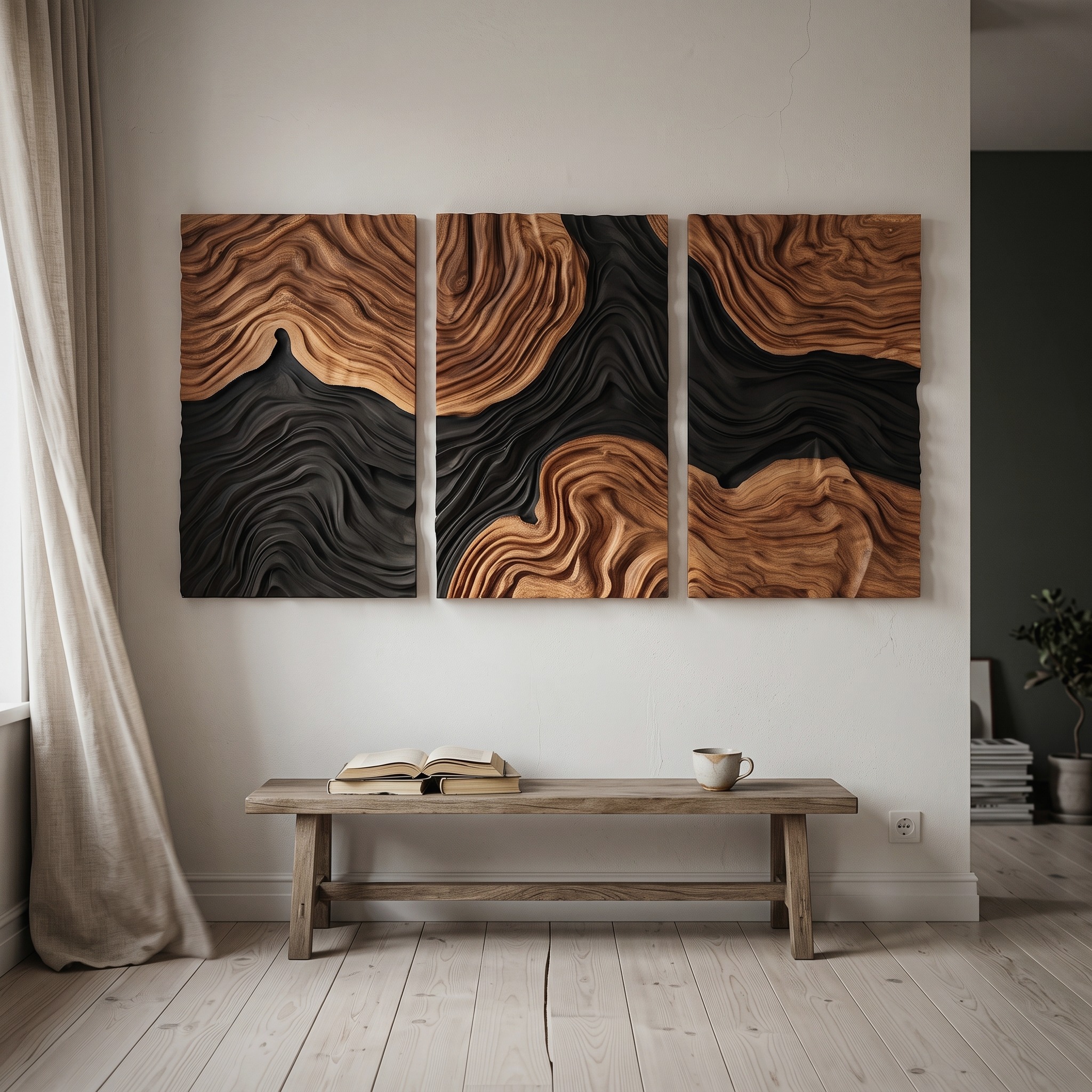 Mid Century Layered Landscape Wooden Wall Sculpture Hotel Suite