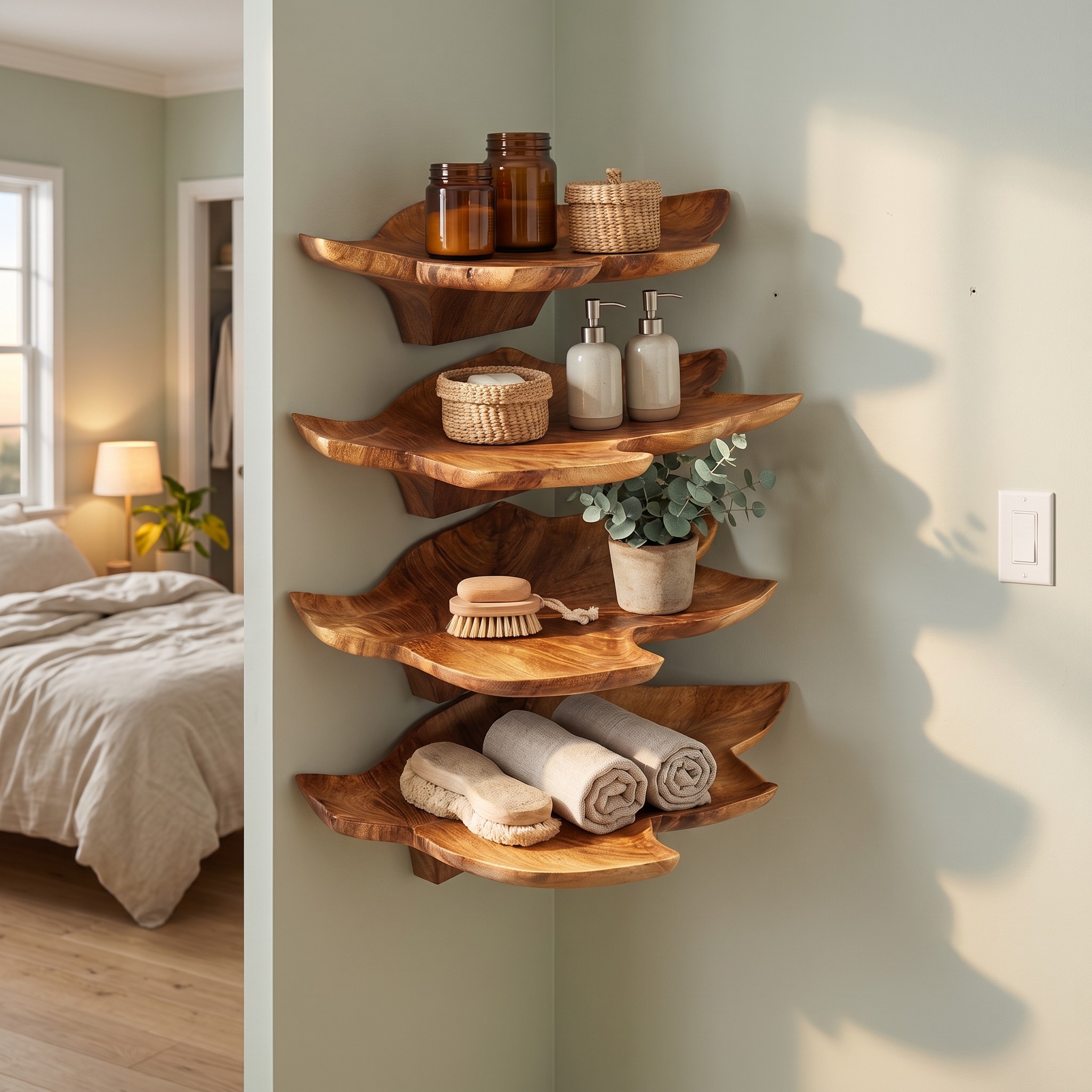 Mid Century Leaf Wall Shelf, Artistic Wooden Plant & Book Display Rack Floating Shelf for Office Home Decor