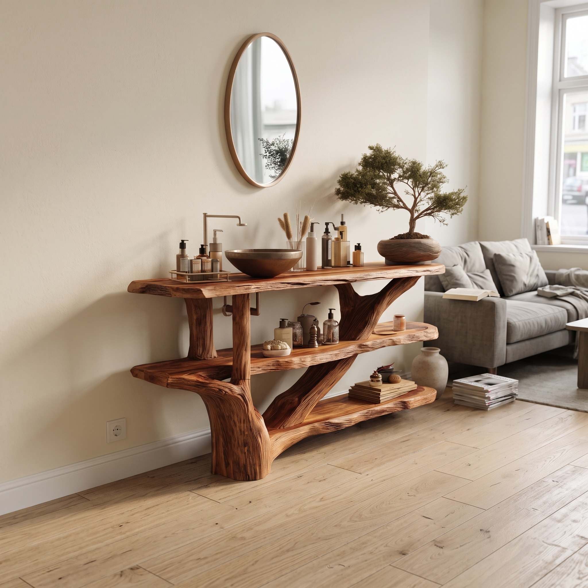 Mid Century Live Edge Bathroom Vanity, Solid Wood Tree Trunk Sink Console for Contemporary Bathroom Decor