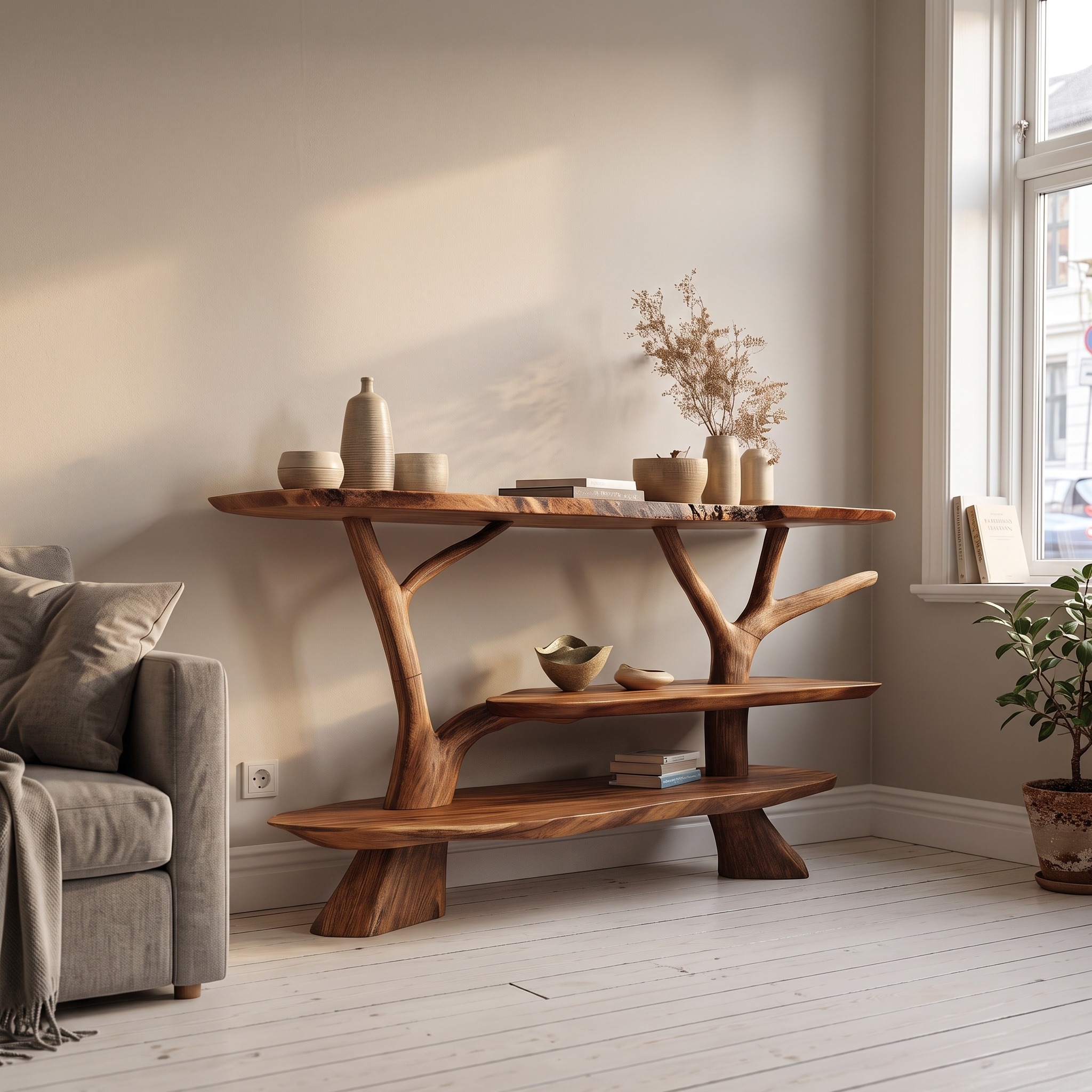 Mid Century Live Edge Console Table, Handcrafted Solid Wood Slab Entryway Table for Modern Living Room Accent
