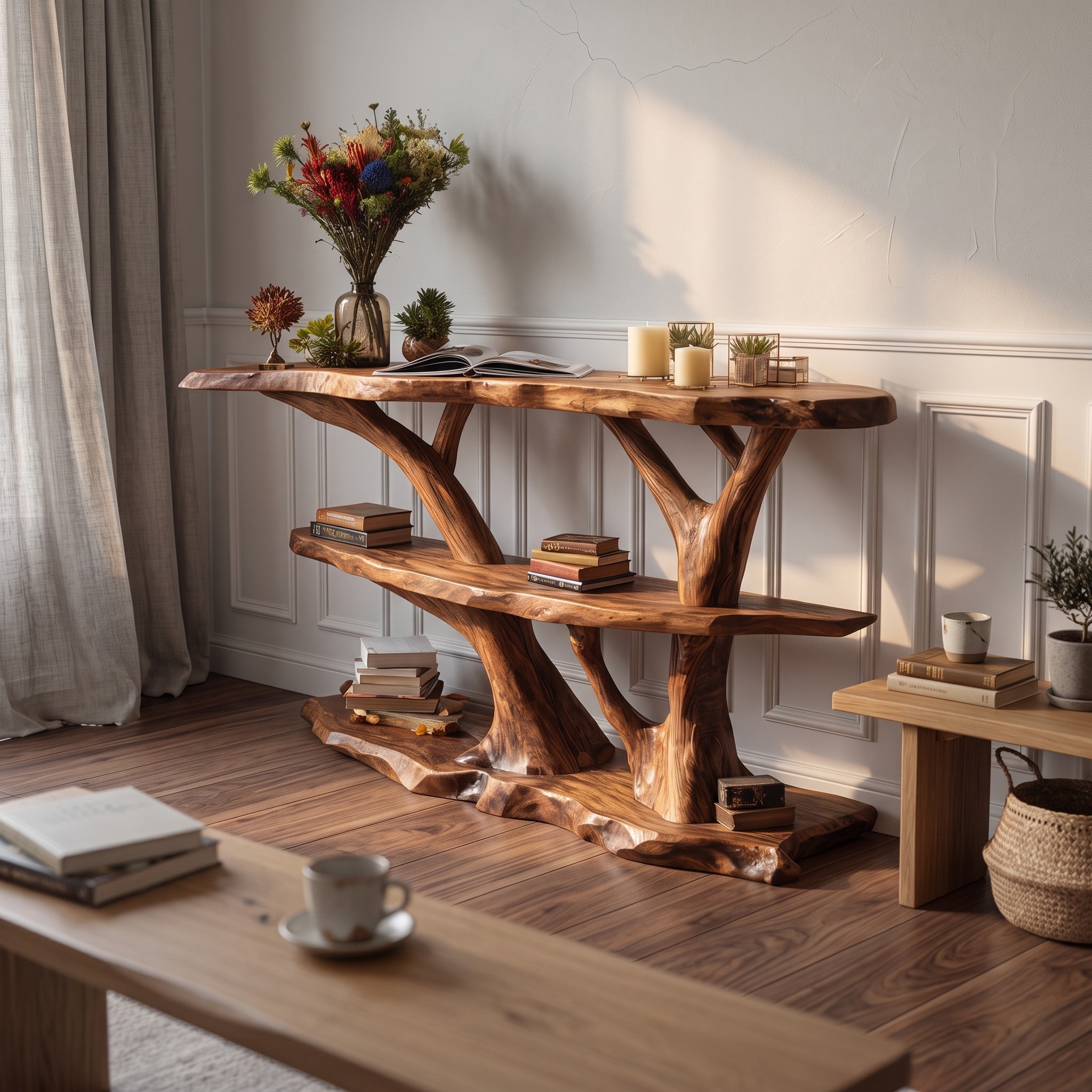 Mid Century Live Edge Console Table, Solid Wood Slab Entryway Table for Modern Hallway Decor