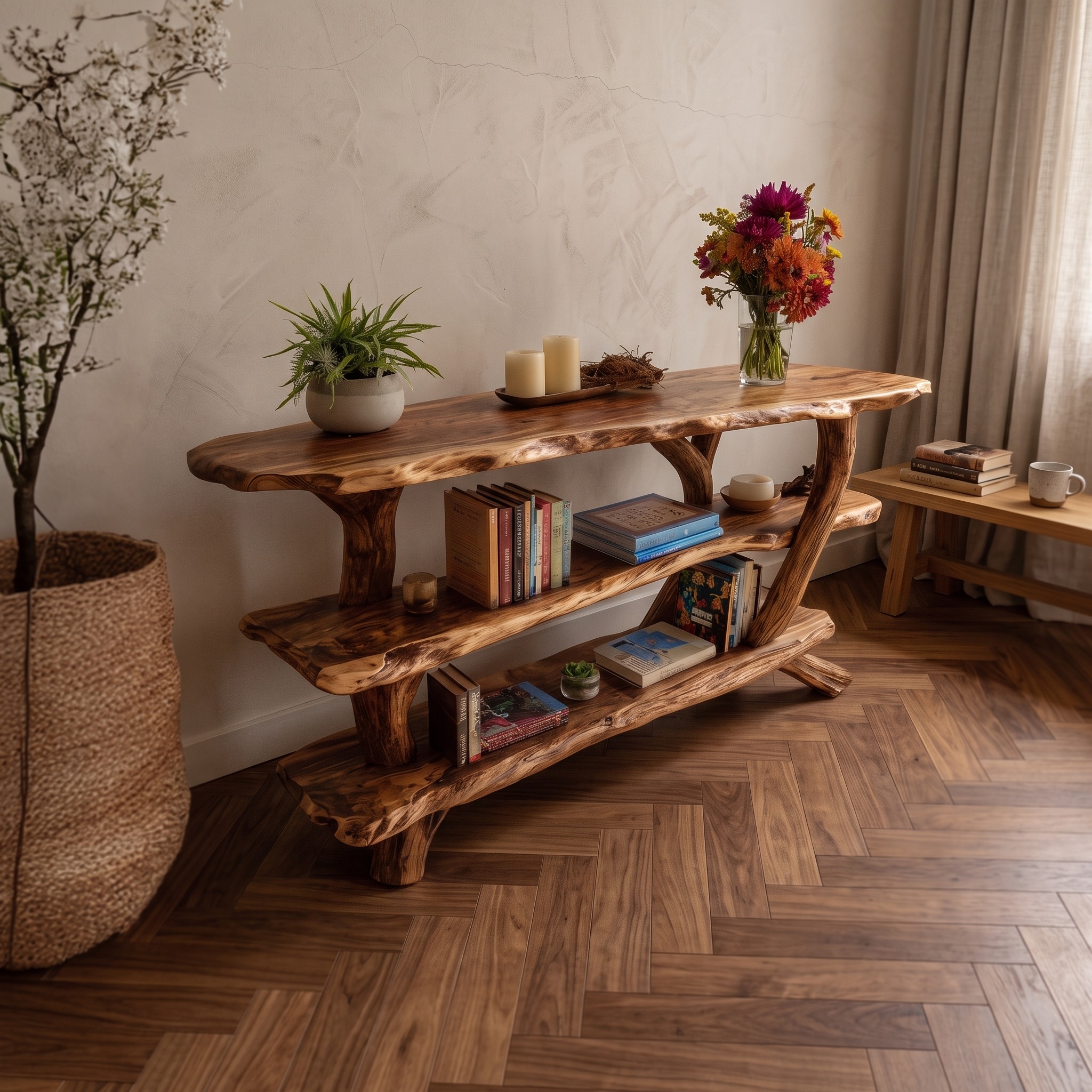 Mid Century Live Edge Console Table, Solid Wood Slab Entryway Table for Stylish Living Room Decor
