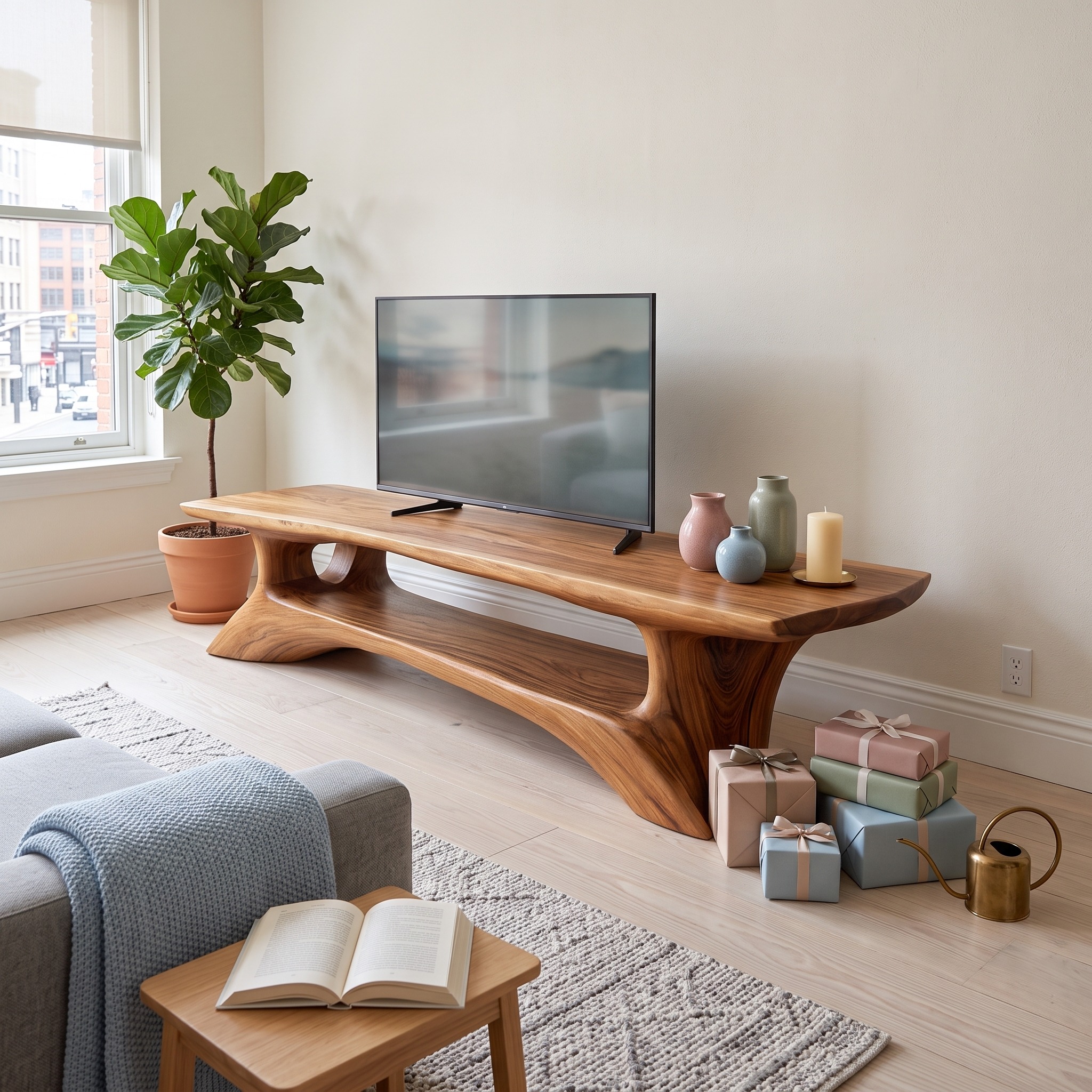 Mid-Century Live Edge Entryway TV Stand, Solid Wood Media Center Cabinet & Sofa Console for Living Room