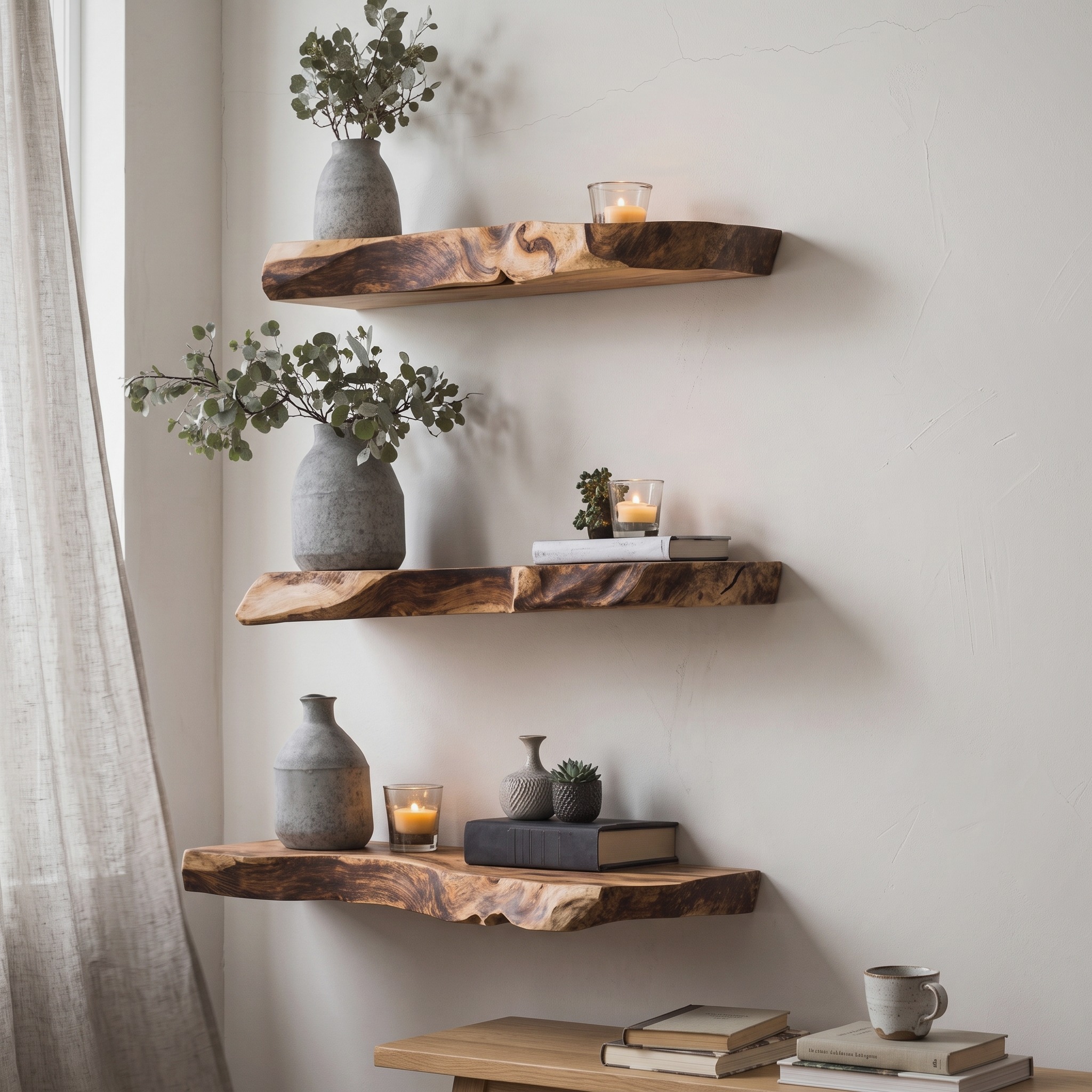 Mid Century Live Edge Floating Shelf Modern Living Space