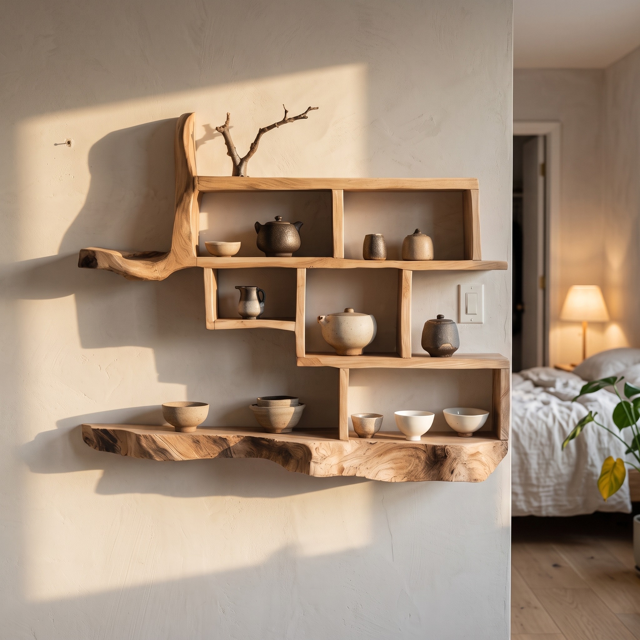 Mid-Century Live Edge Floating Shelf, Modern Solid Wood Wall Mounted Storage Display Shelf for Bedroom & Living Room