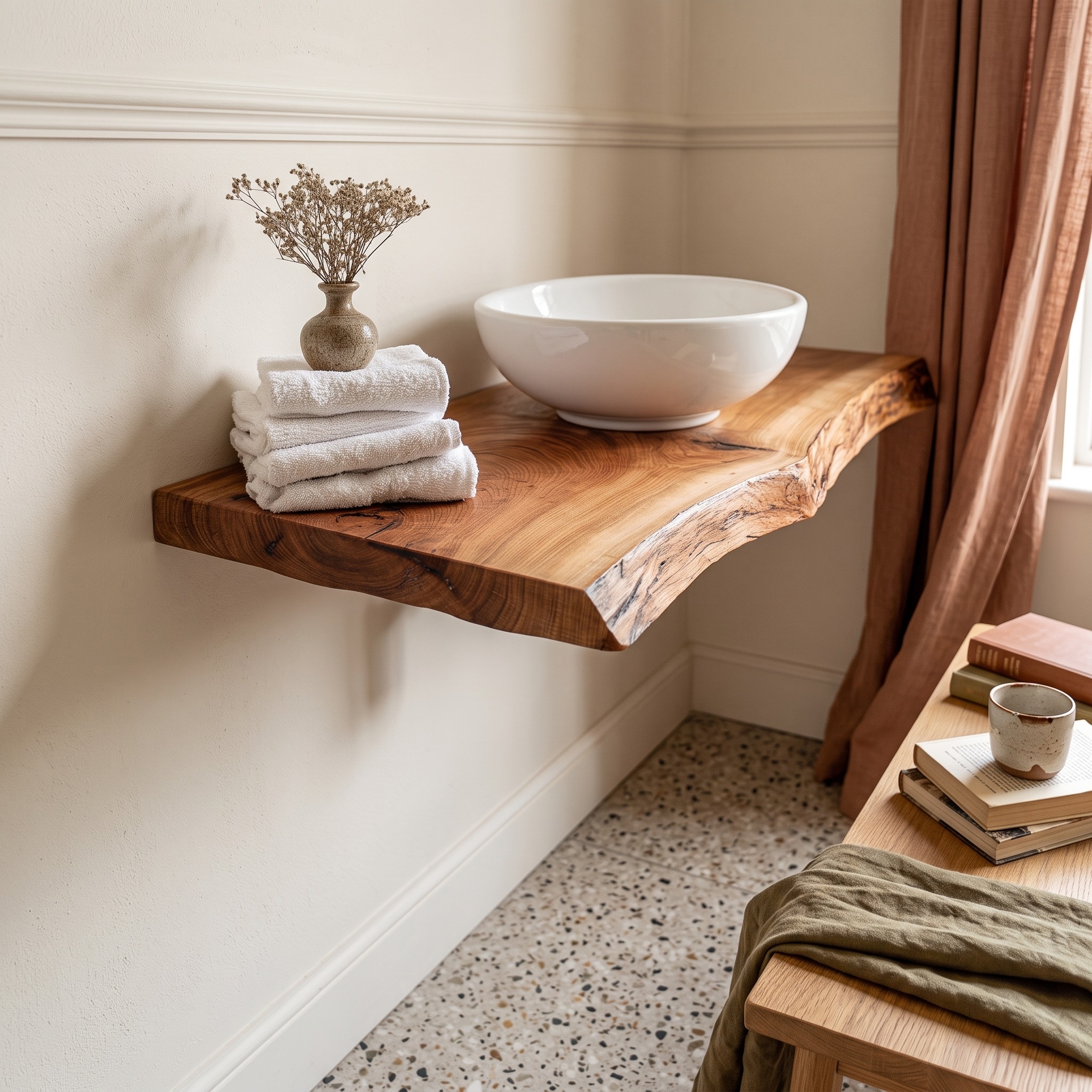 Mid Century Live Edge Floating Shelf, Powder Room Natural Solid Wood Wall Mounted Shelf, Model