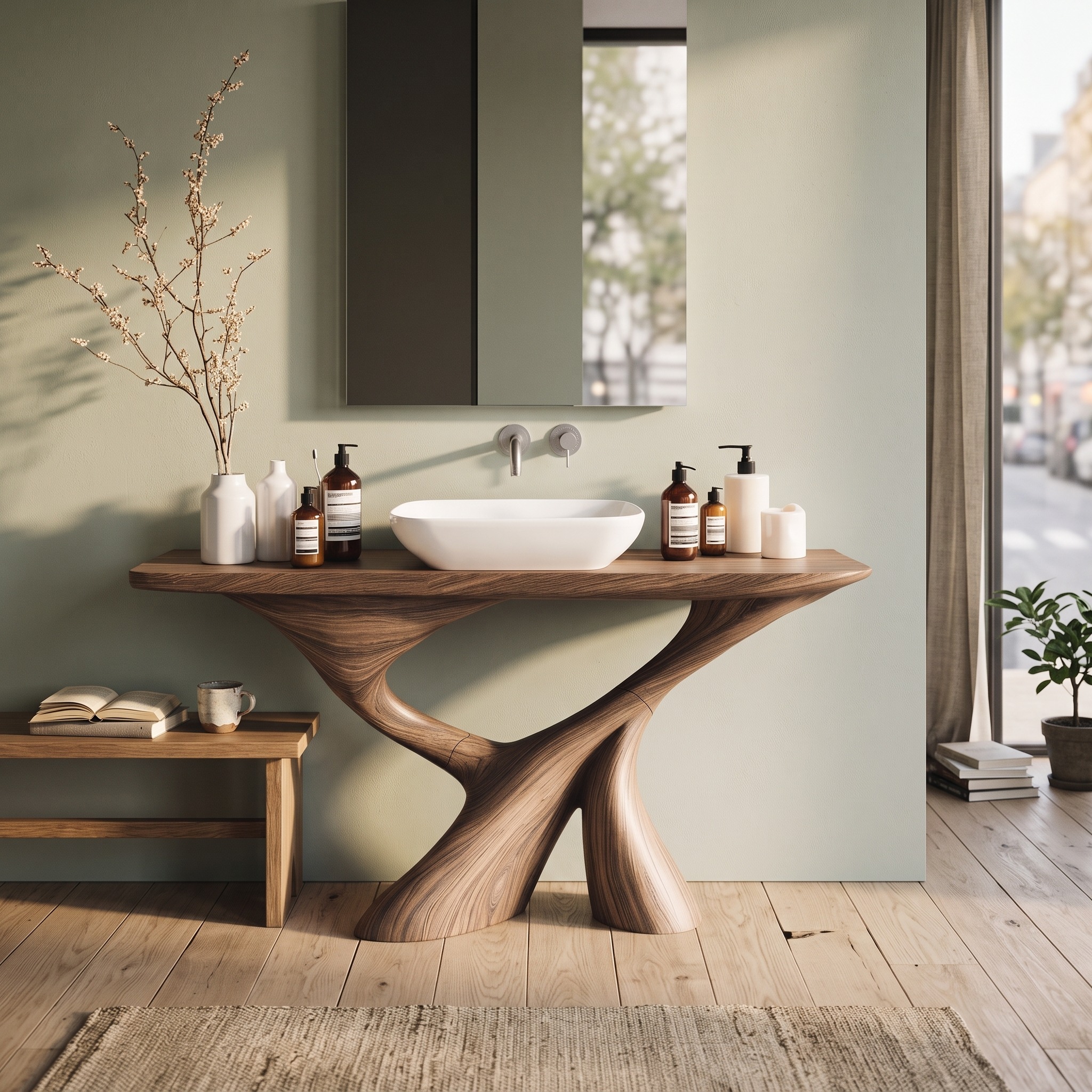 Mid Century Live Edge Solid Wood Bathroom Vanity, Single Sink Console Storage Cabinet Unit for Bath Decor