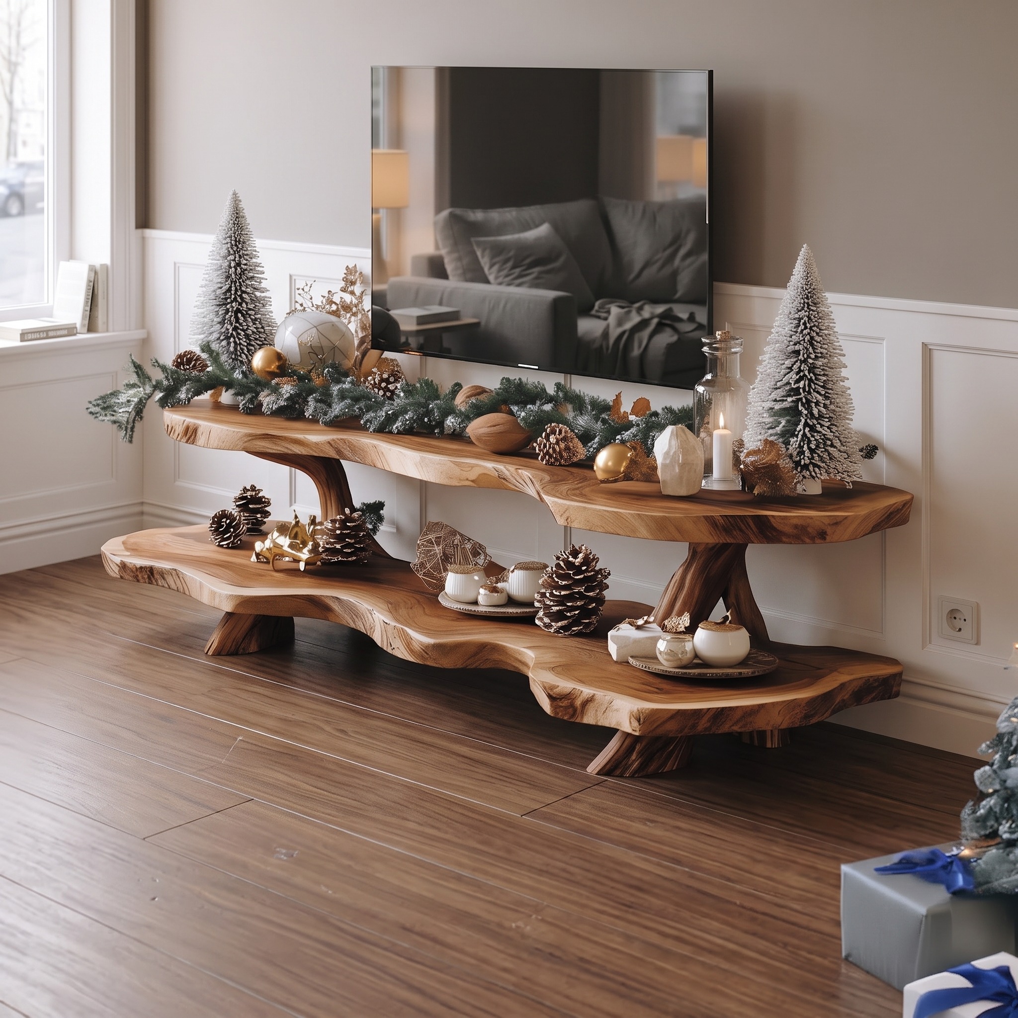 Mid Century Live Edge TV Console, Solid Wood Media Stand & Entryway Credenza for Living Room