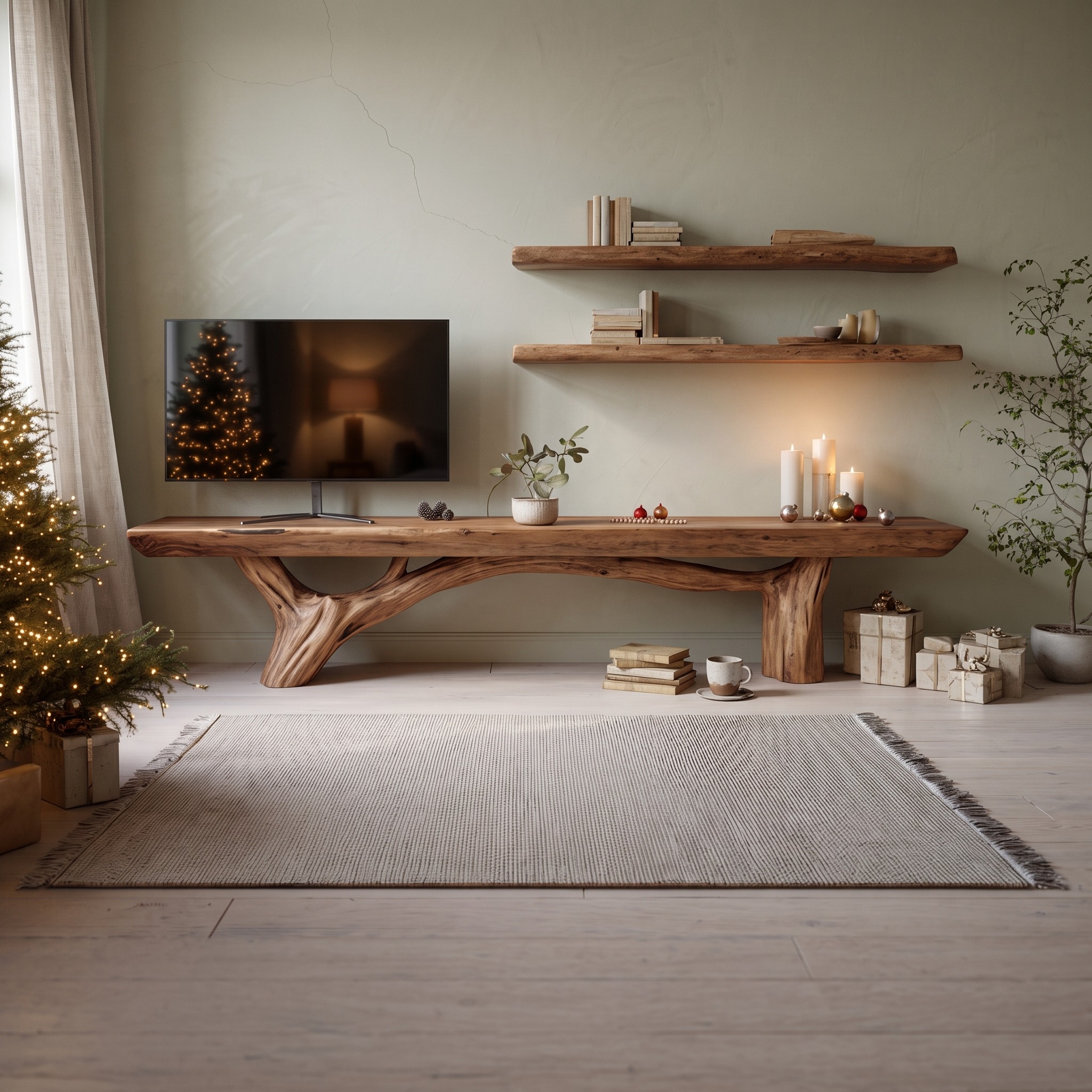 Mid Century Live Edge TV Console, Solid Wood Media Stand & Entryway Credenza for Modern Home