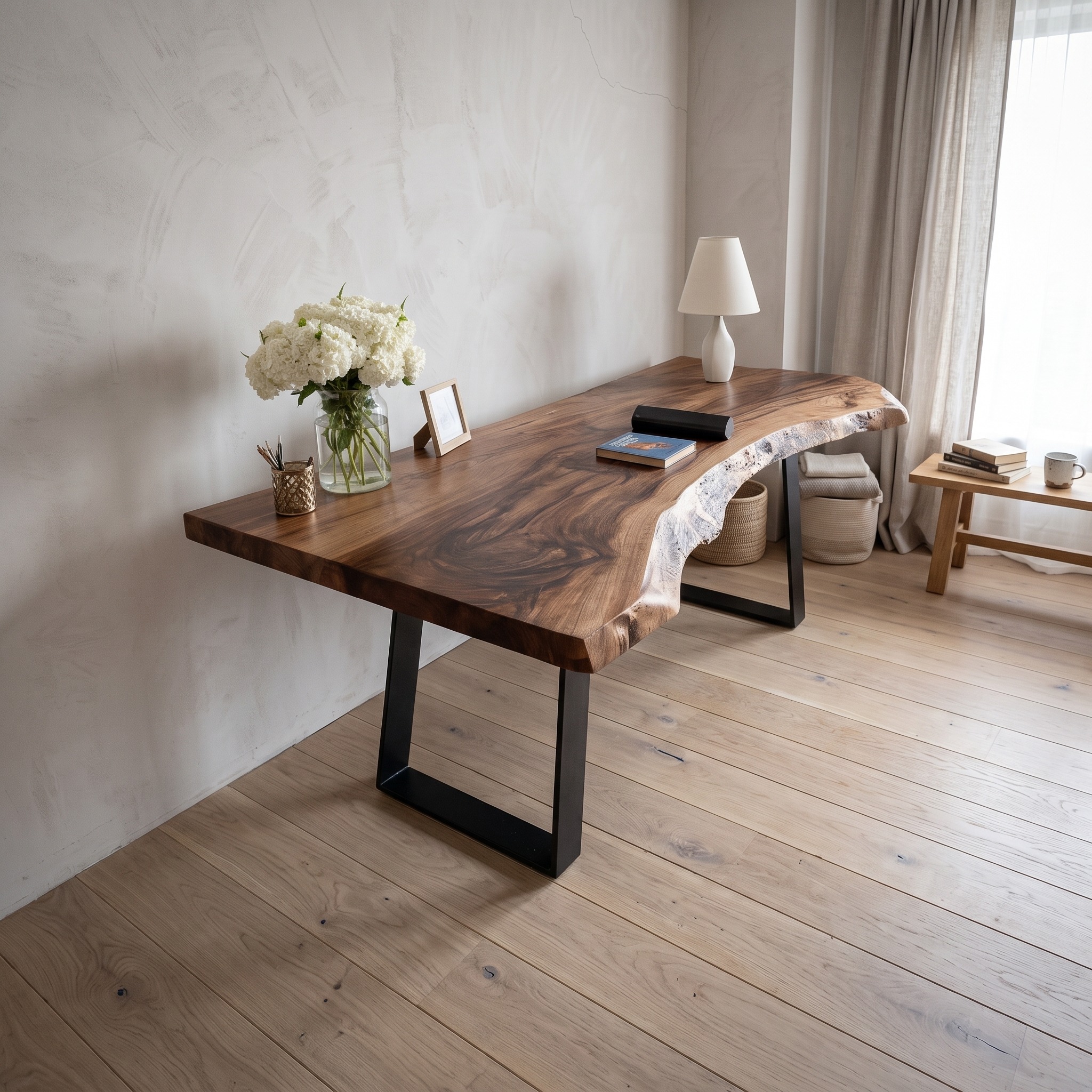 Mid Century Live Edge Wood Desk, Handcrafted Solid Wood Home Office Computer Desk & Writing Table for Modern Foyer