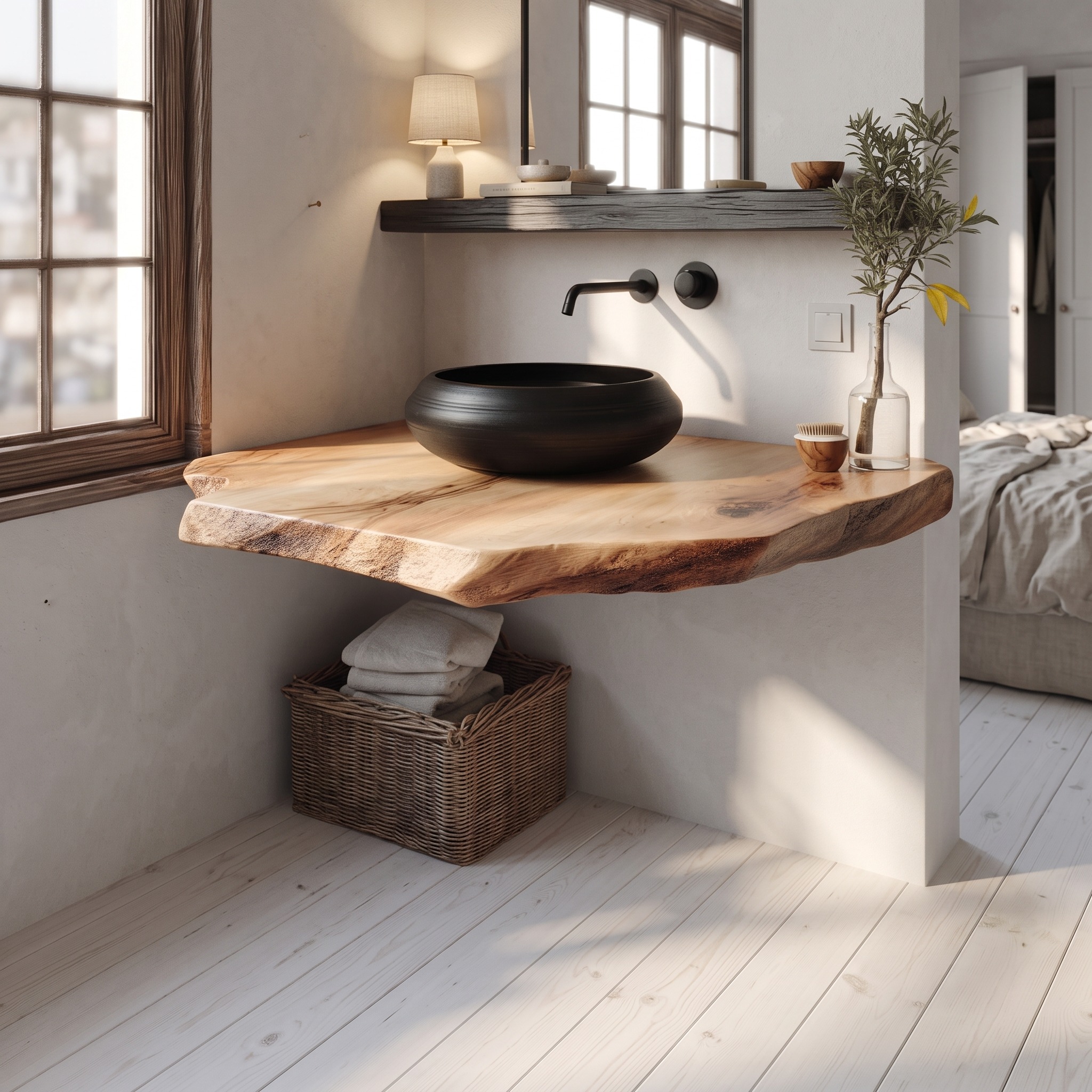 Mid Century Live Edge Wood Floating Shelf, Powder Room Vanity Natural Solid Wood Wall Shelf, Model