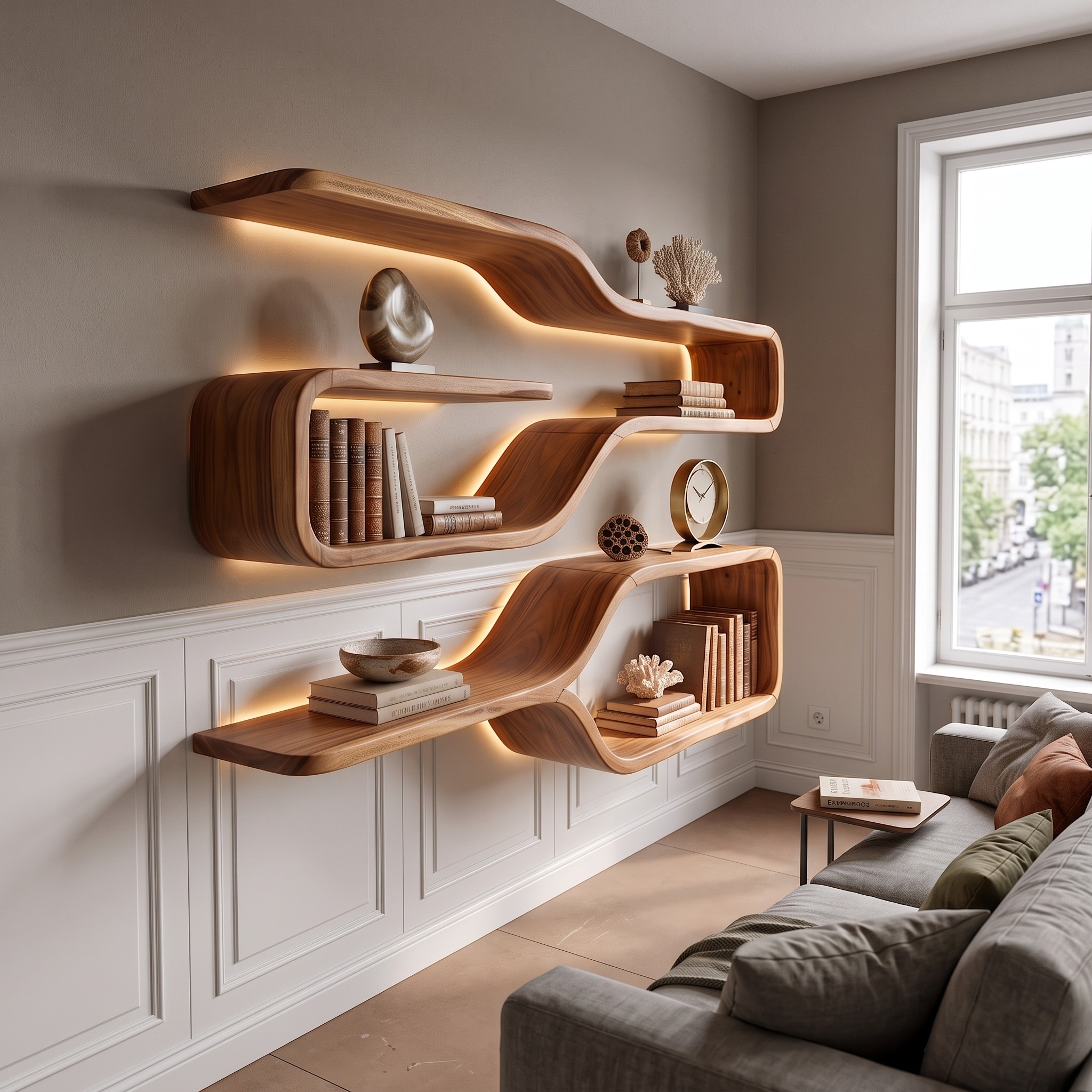 Mid Century Live Edge Wood Shelves for Dining Room