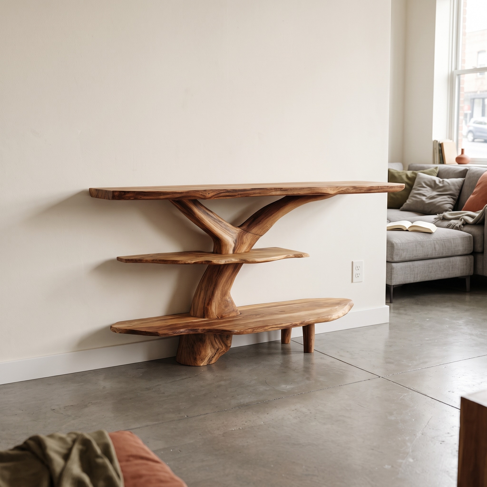 Mid-Century Live Edge Wooden Console Table, Natural Hardwood Slab Entryway Table, Retro Sofa Accent Table