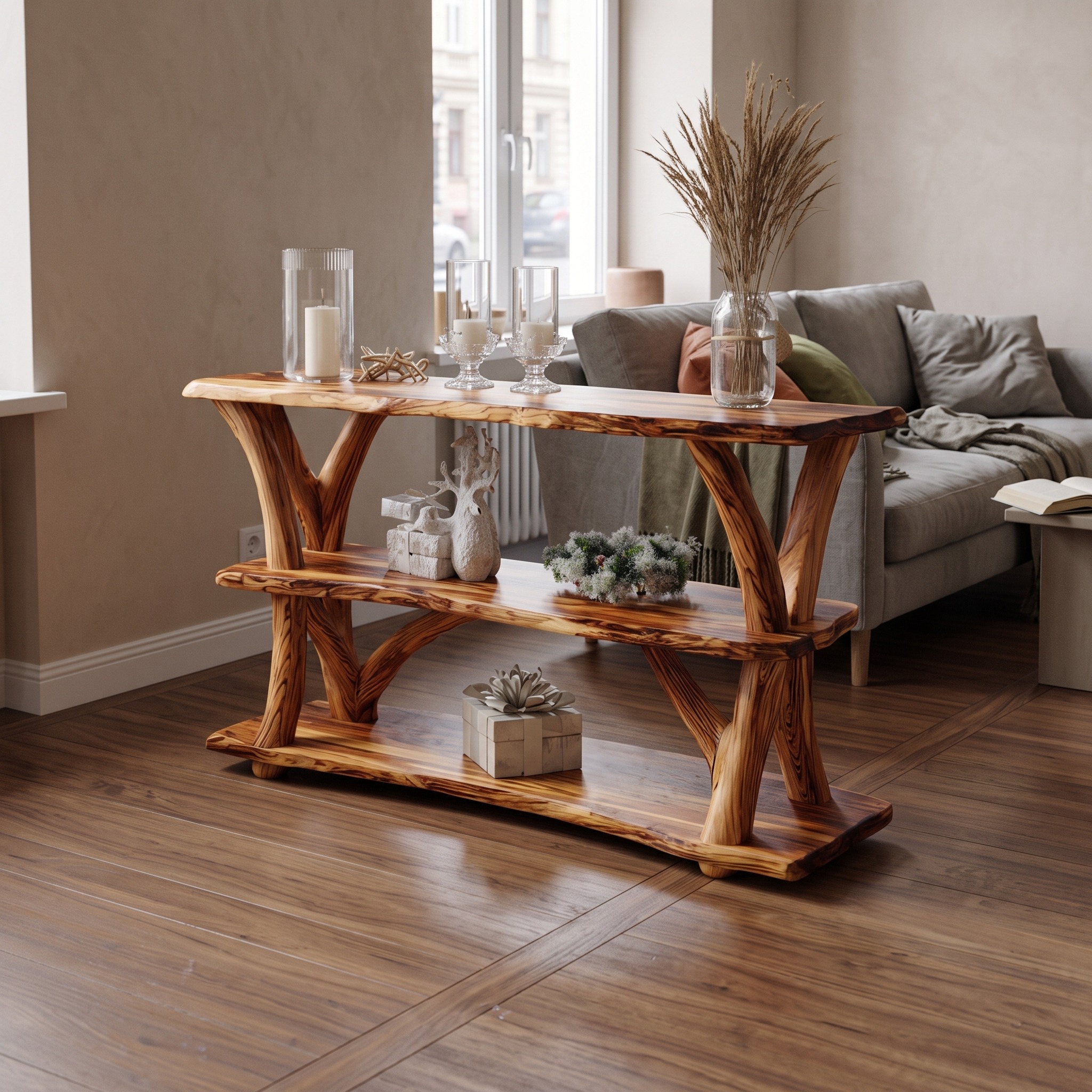 Mid-Century Live Edge Wooden Console Table, Solid Timber Slab Entryway Table, Sleek Hallway Foyer Table