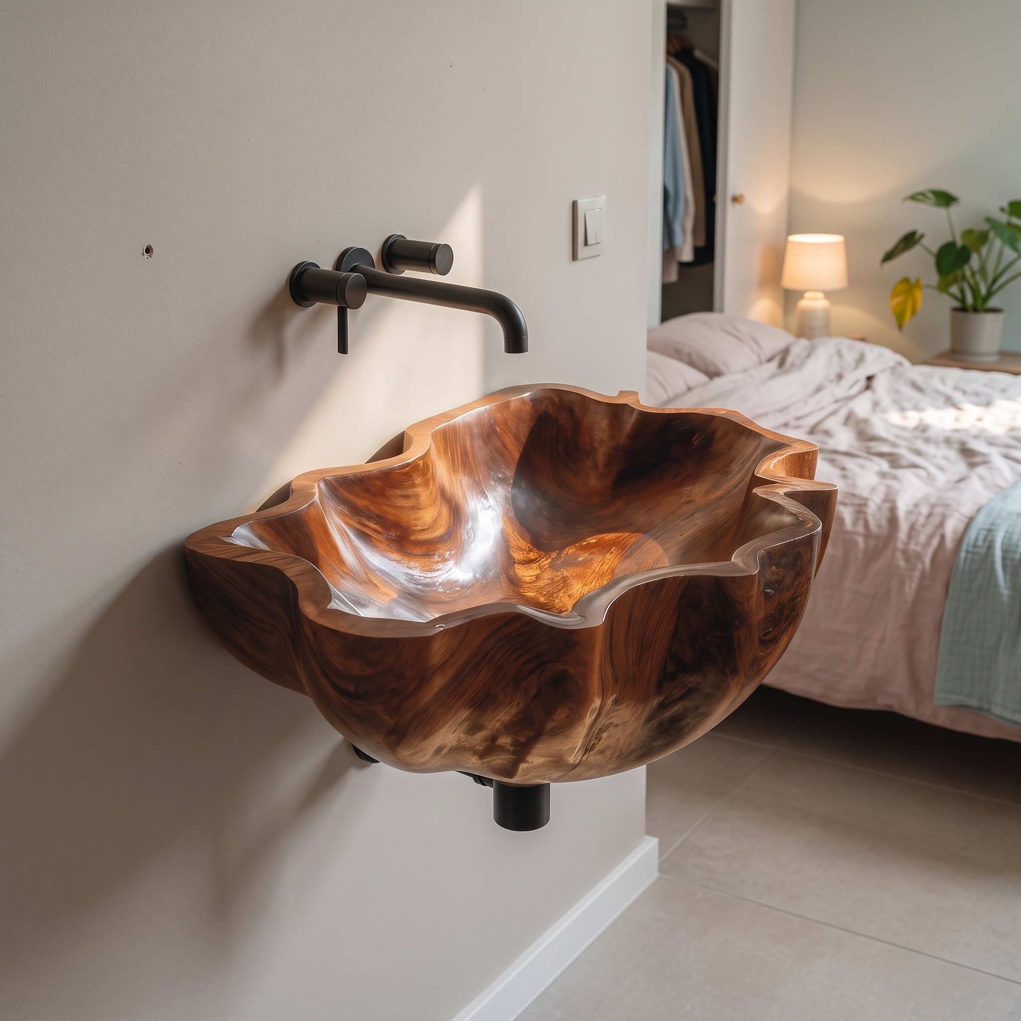 Mid Century Live Edge Wooden Vessel Sink, Rustic Solid Wood Bathroom Wash Basin for Vanity Top