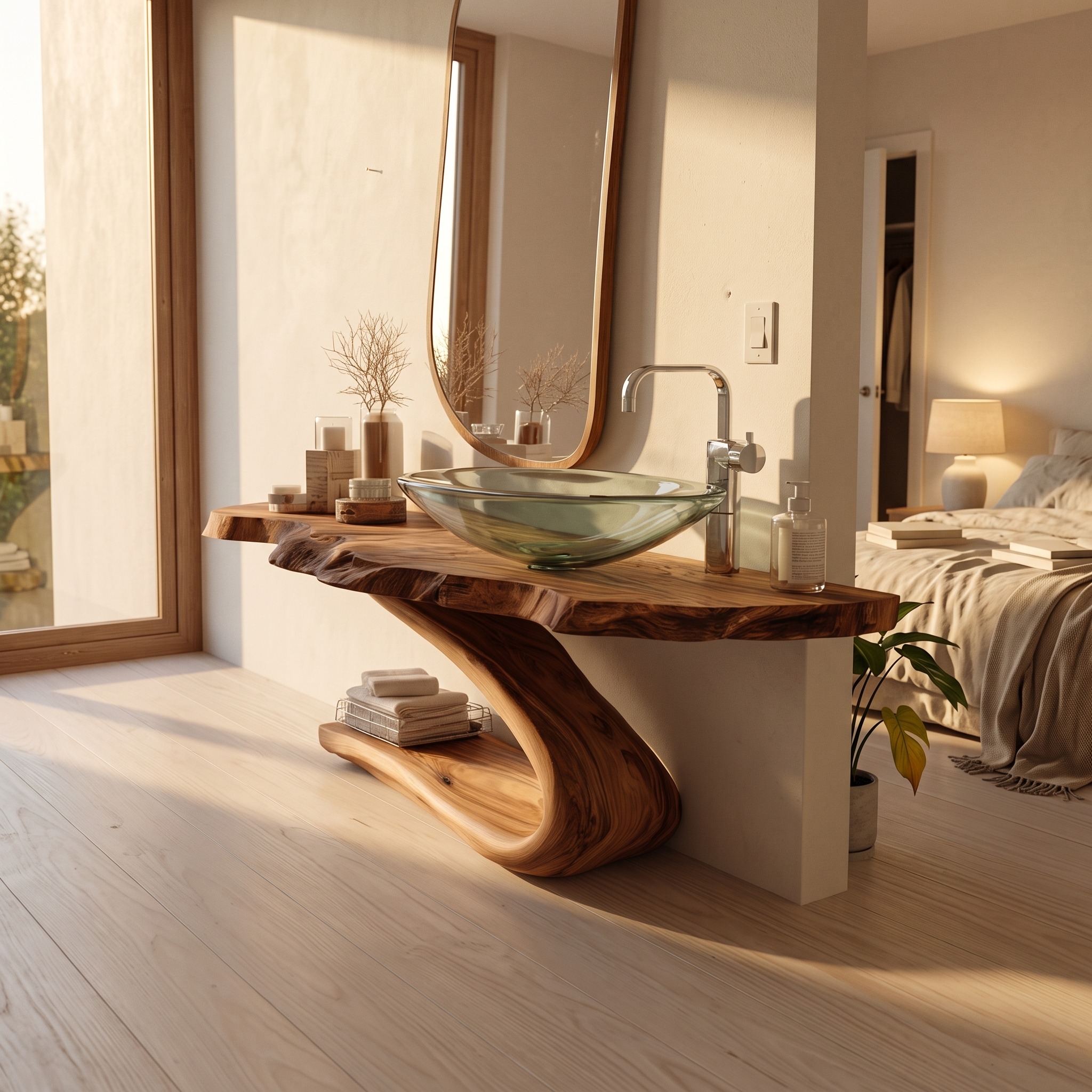 Mid-Century Minimalist Pedestal Vanity, Solid Wood Bathroom Sink Stand, Modern Washroom Washstand Console
