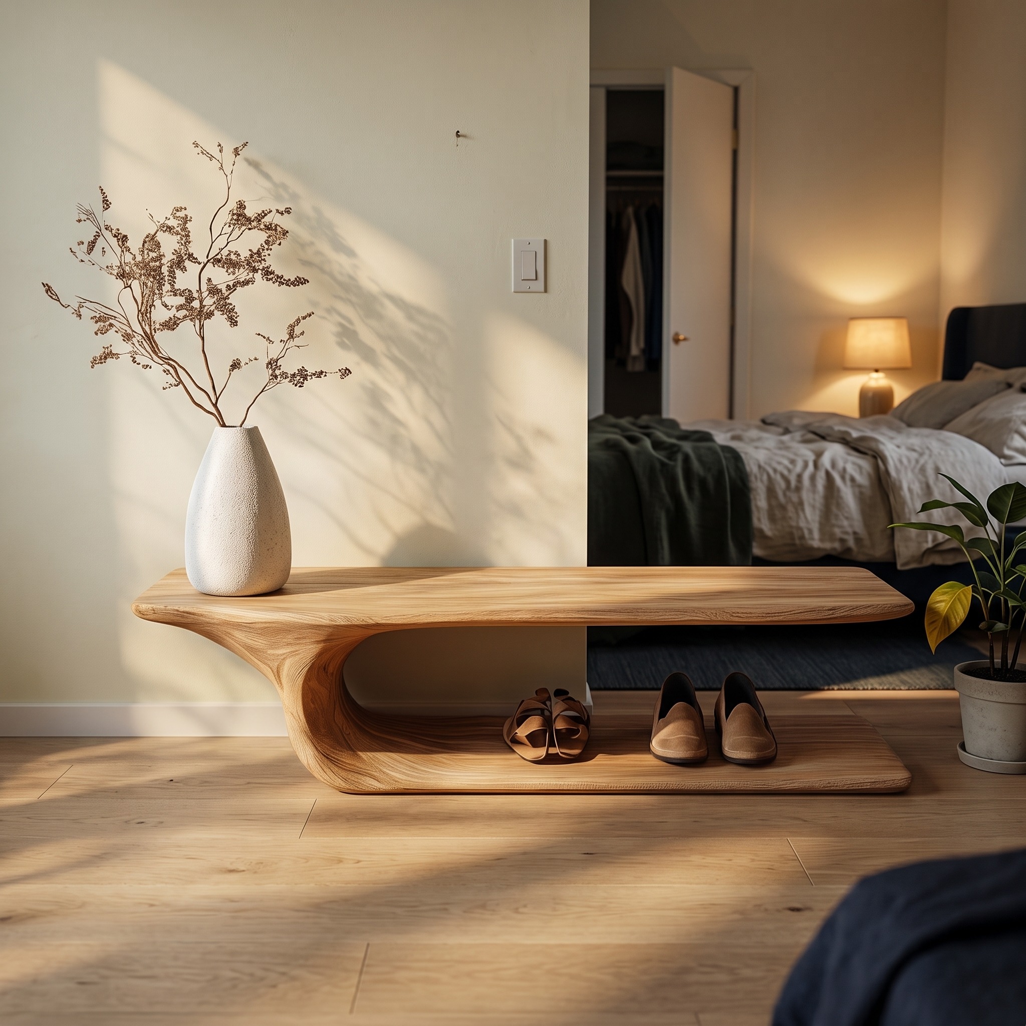 Mid Century Minimalist Wood Shoe Bench Entry Space