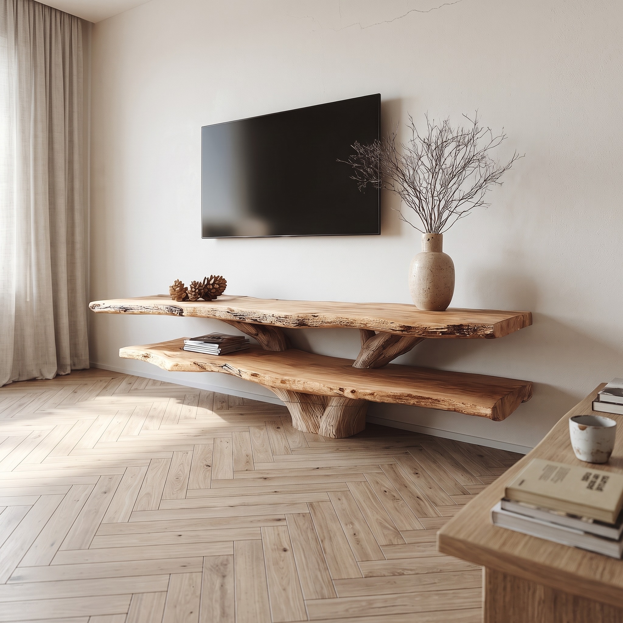 Mid Century Modern 2-Tier TV Console, Live Edge Solid Wood Media Stand for Living Room & Small Spaces