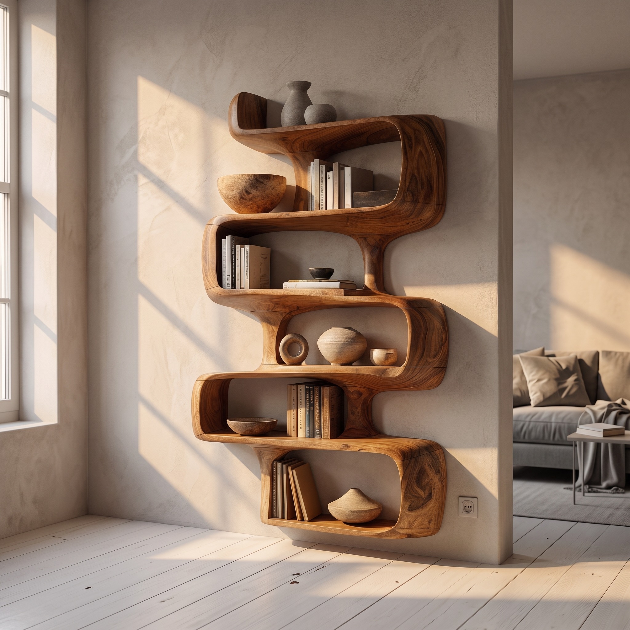 Mid-Century Modern Abstract Bookshelf, Geometric Wooden Bookcase Display Cabinet for Dining Room