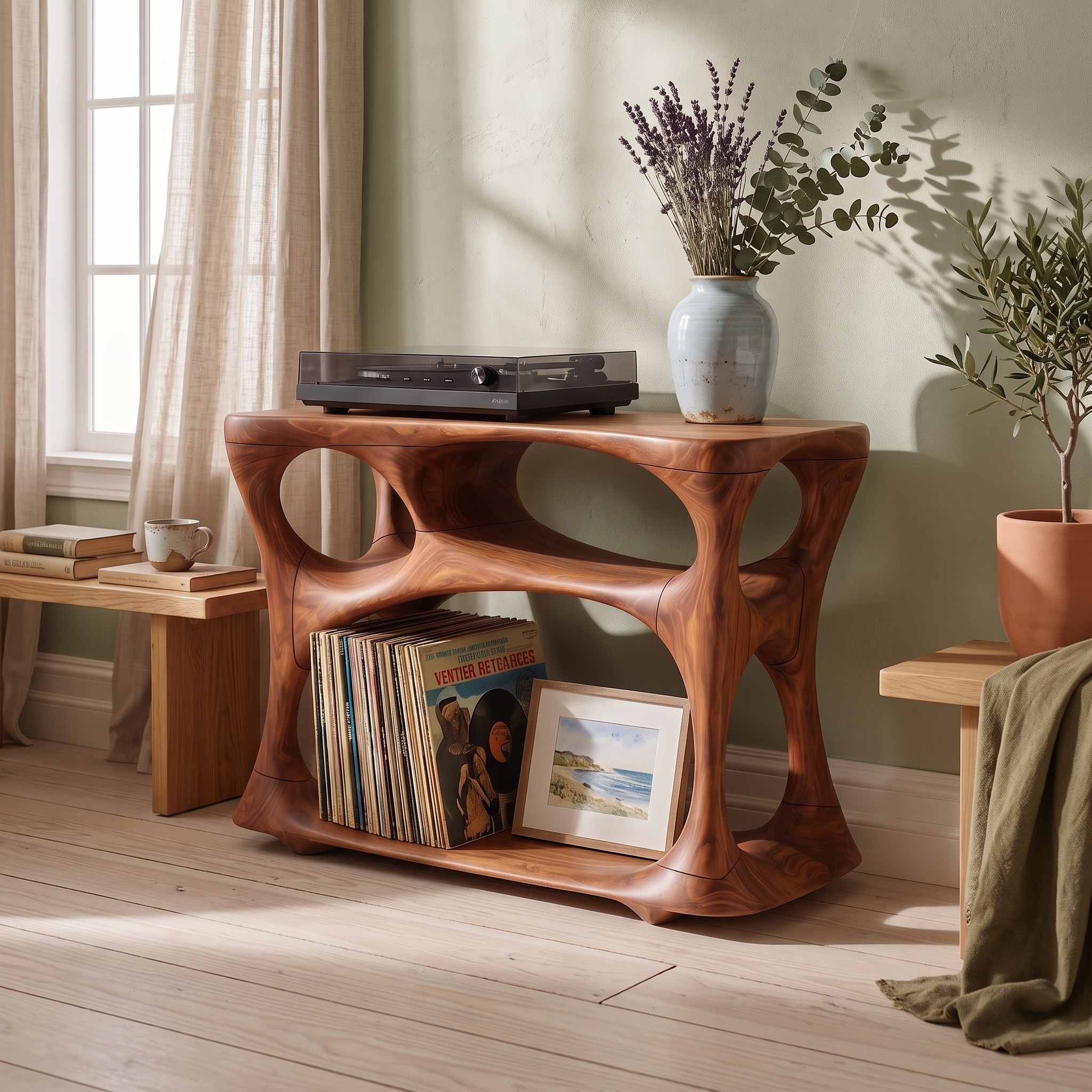 Mid-Century Modern Audio Console Stand, Solid Wood Hifi Stereo Rack and Record Player Cabinet for Lounge