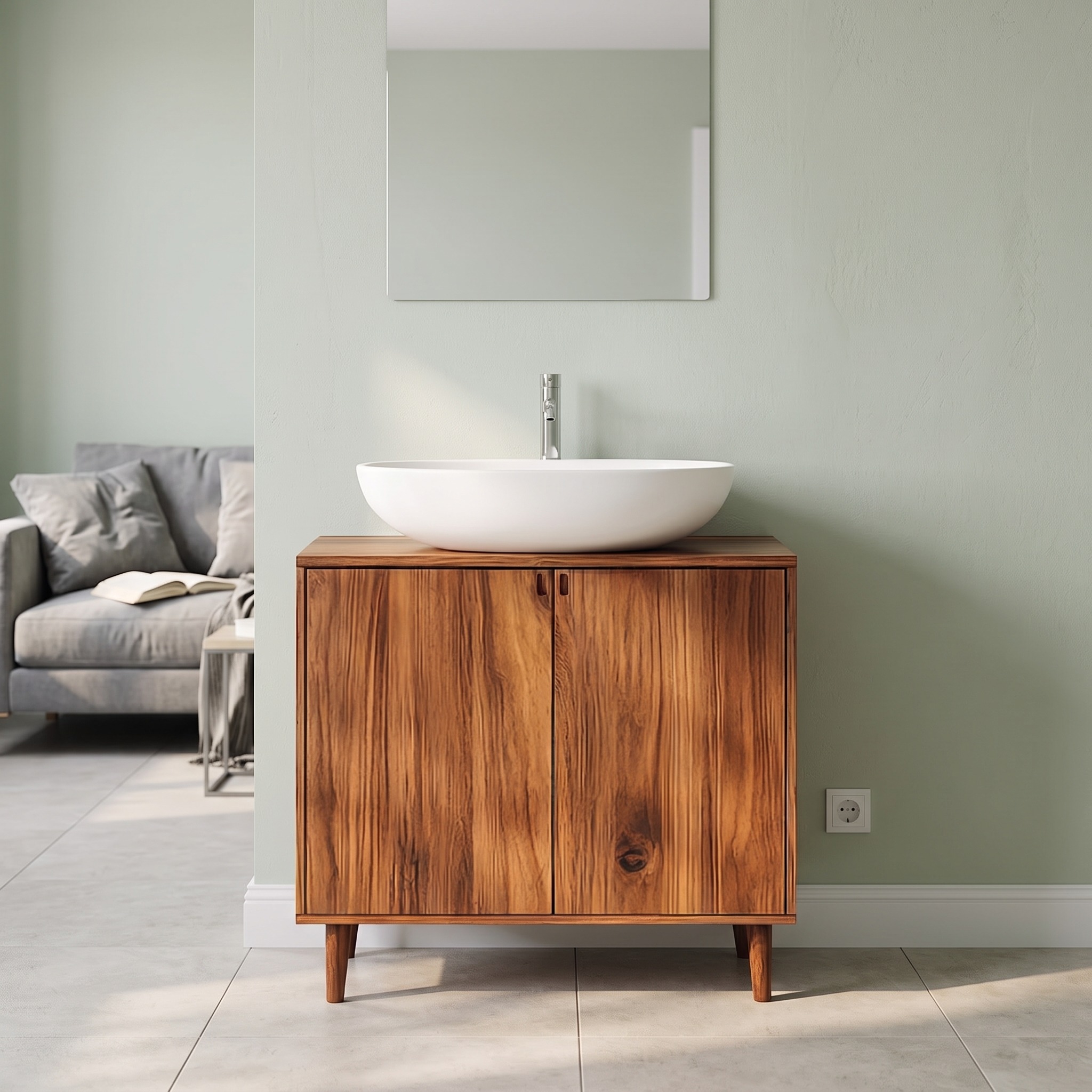 Mid-Century Modern Bathroom Vanity Cabinet, Freestanding Solid Wood Single Vanity Storage Stand